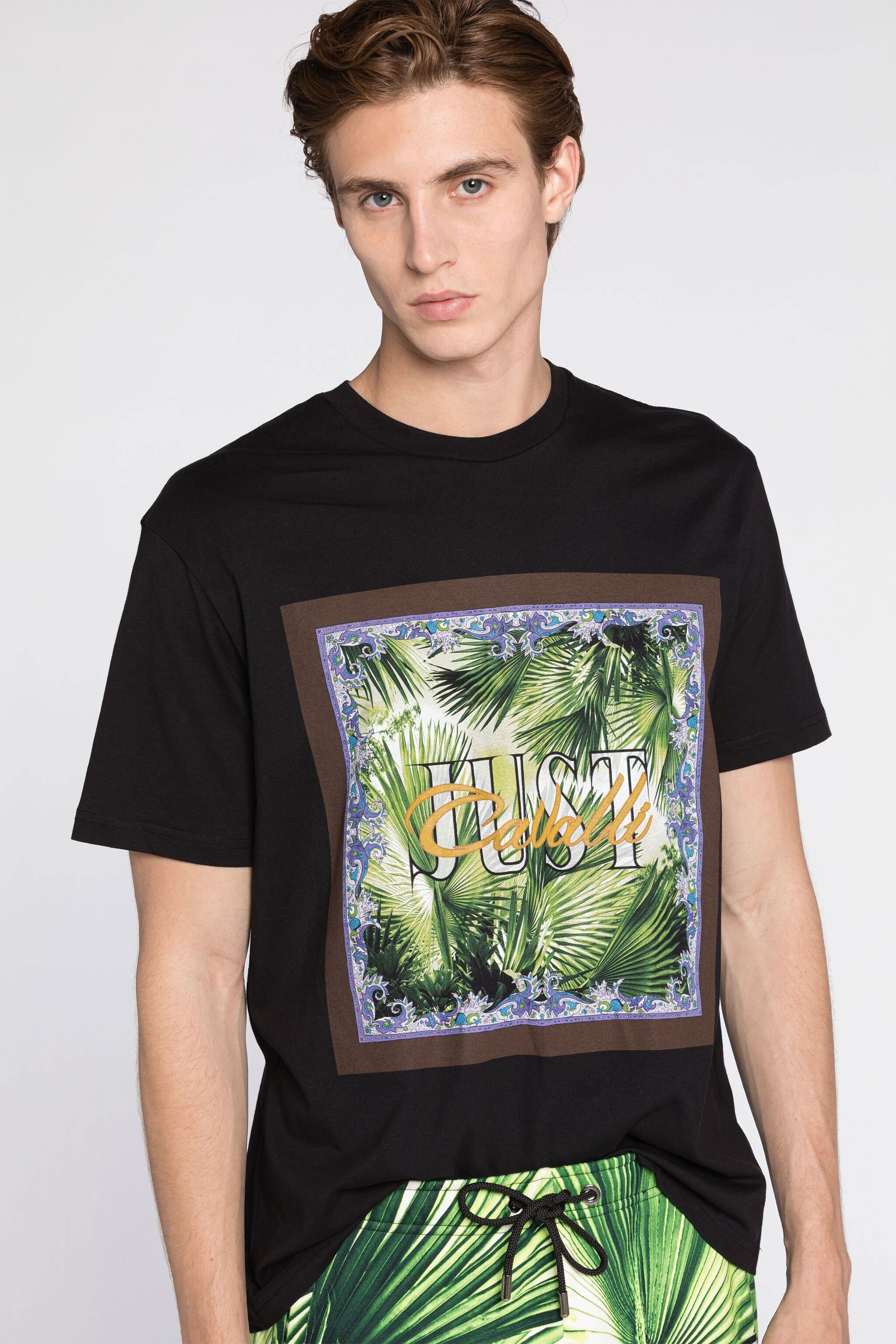 JC T-shirt en coton à imprimé palmiers et logo Just Cavalli NOIR Q61265-Q0168