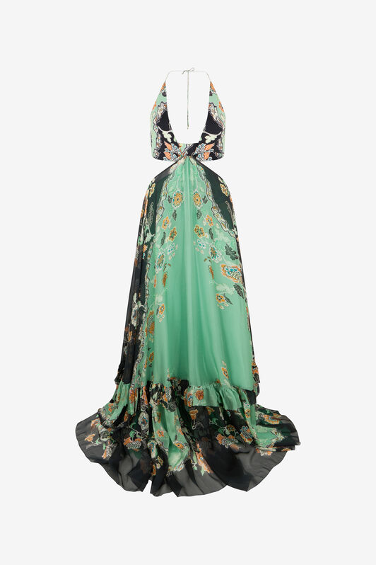 RC Kimono Print Silk Maxi Dress GREEN/BLACK XQT127-CKT25