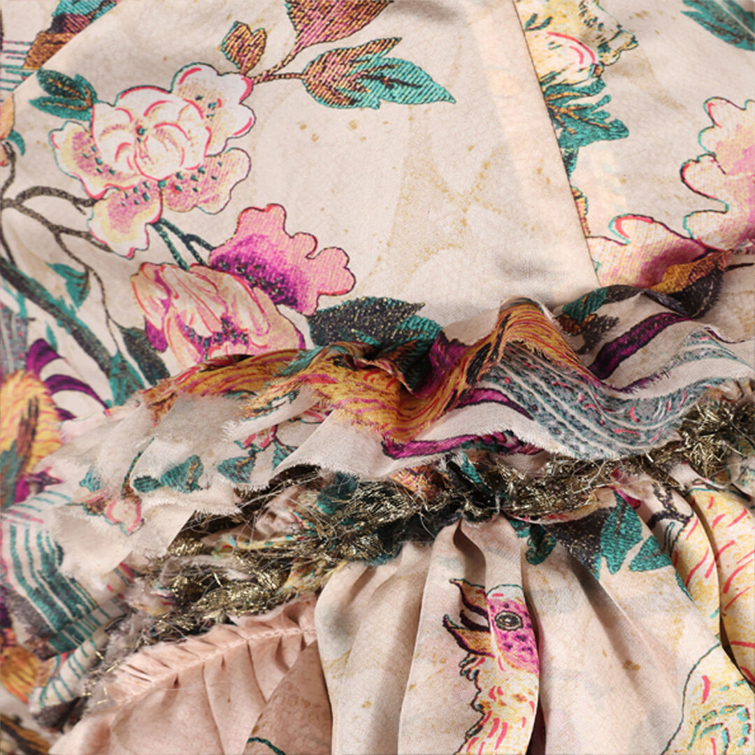 RC Mini Dress with Floral and Pheasant Print Ivory/Pink VKT132-CTP76