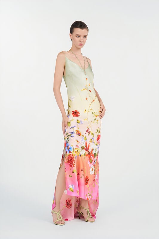 RC Maxi Dress with Miami Flowers Print GREEN/FUCHSIA WQT132-TYR32