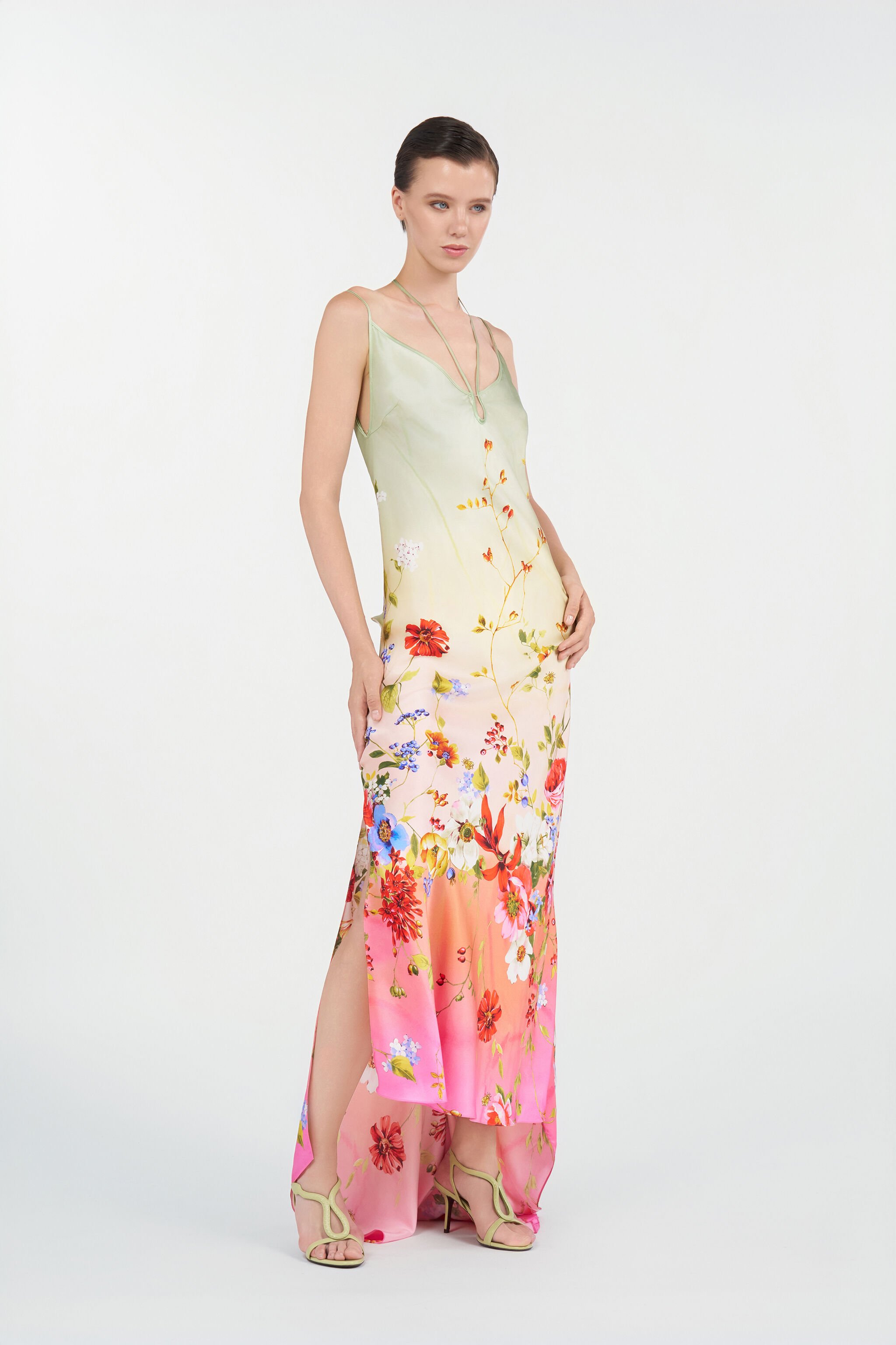RC Maxi Dress with Miami Flowers Print GREEN/FUCHSIA WQT132-TYR32