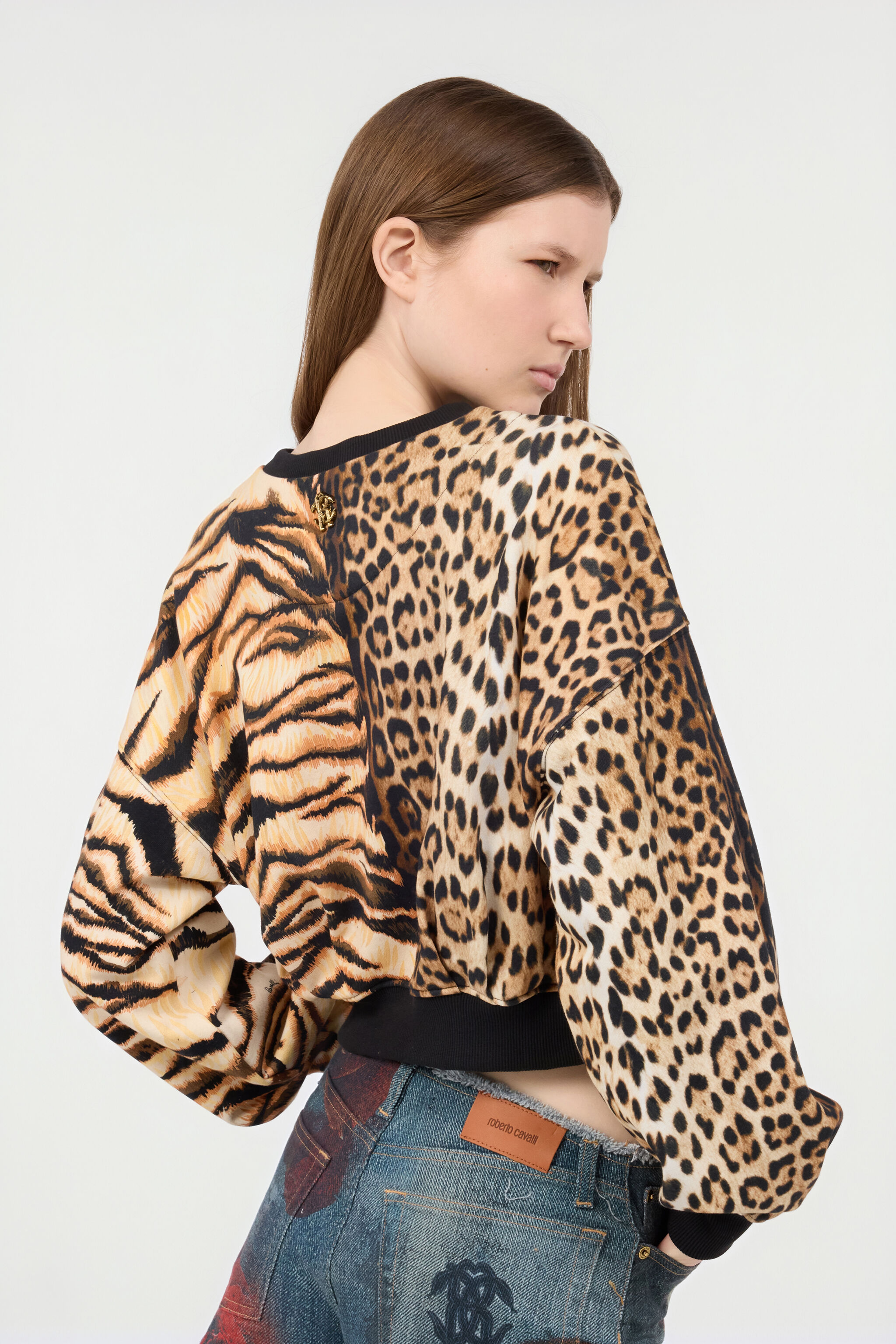 RC Animalier Patchwork-Print Cotton Sweatshirt Light Brown RKT64C-2OH82