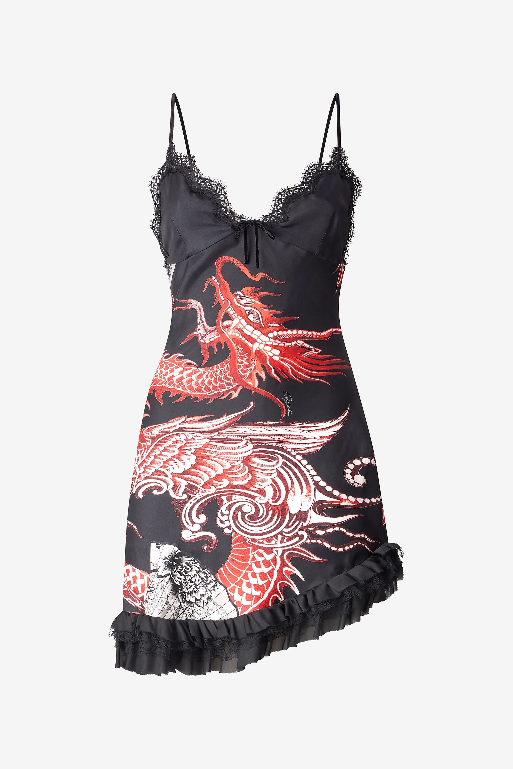 RC Silk Mini Dress with Dragon and Ruffles Black/Red VQT118-OZP75