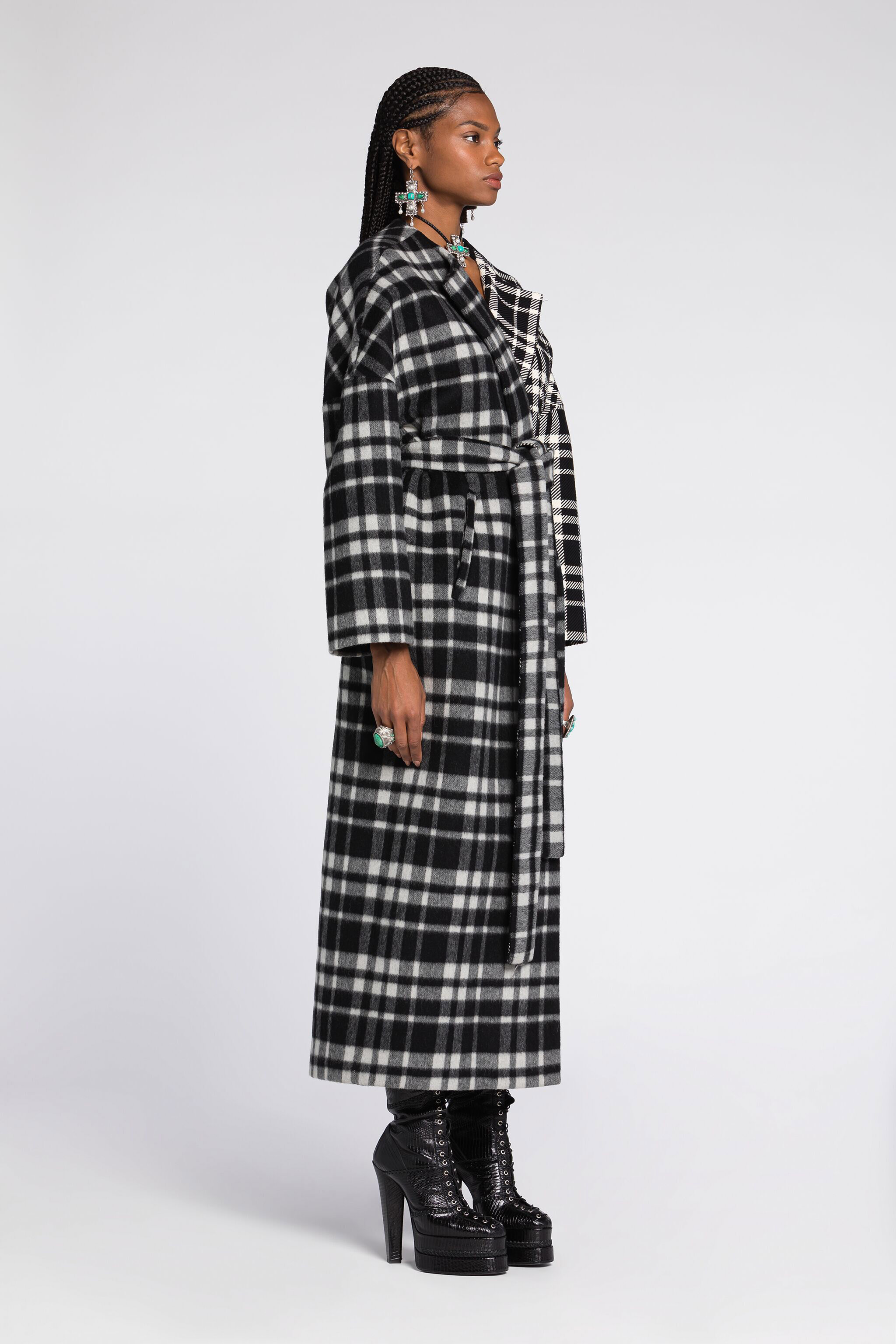 RC Checked Belted Coat Black/White RKT500-FY043