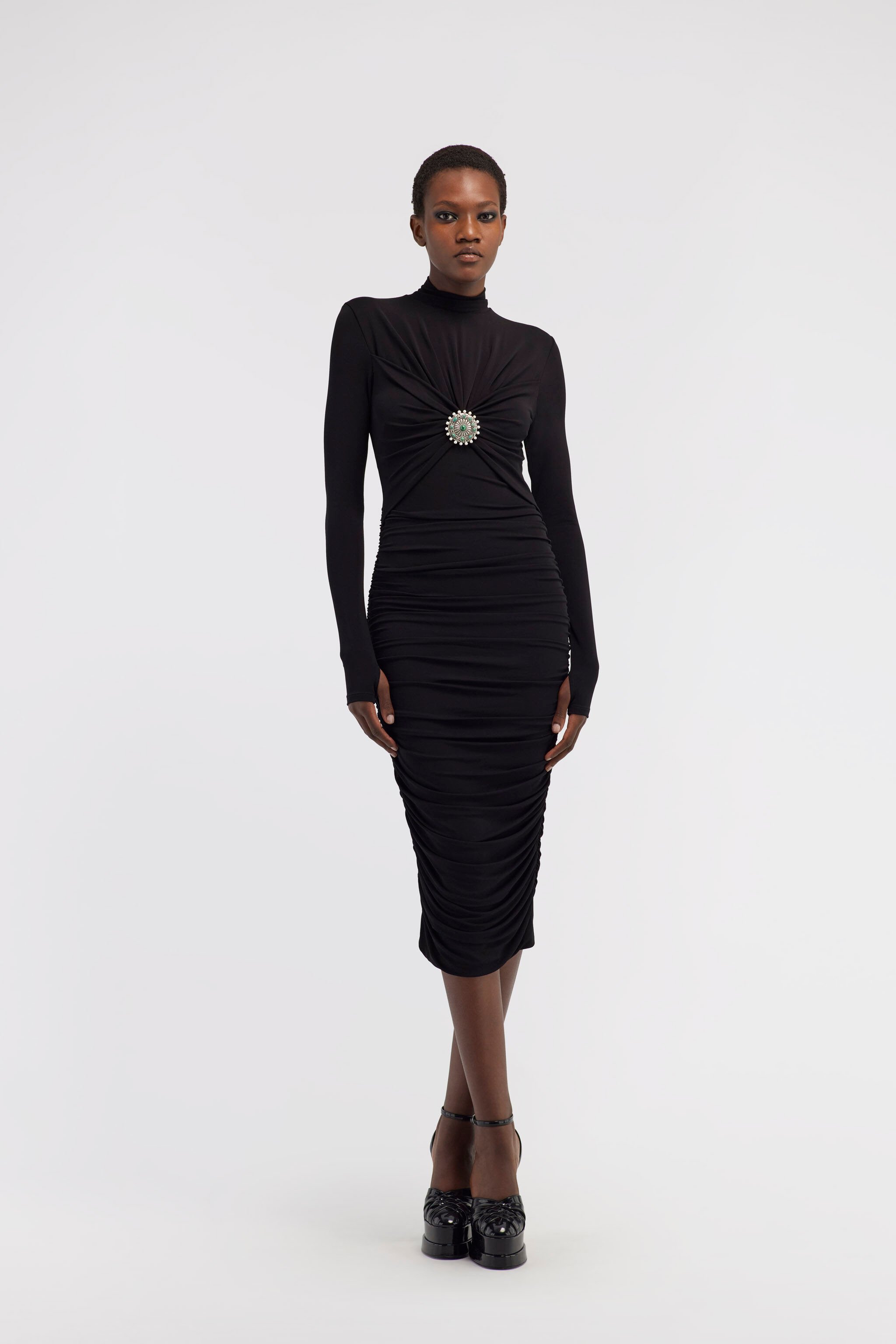 RC Midi-Kleid mit Rüschen und Steinen Schwarz RWT141-JJ036