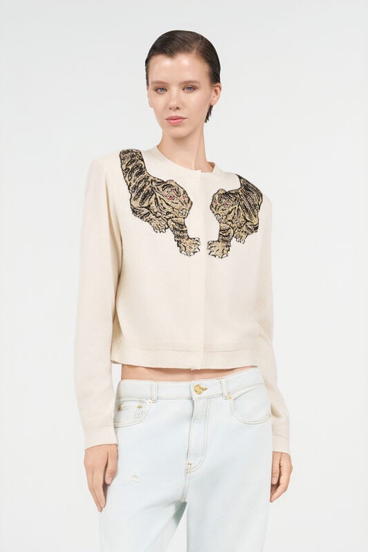 RC Wool Cardigan with Tiger Embroidery IVORY WKM902-MQ014