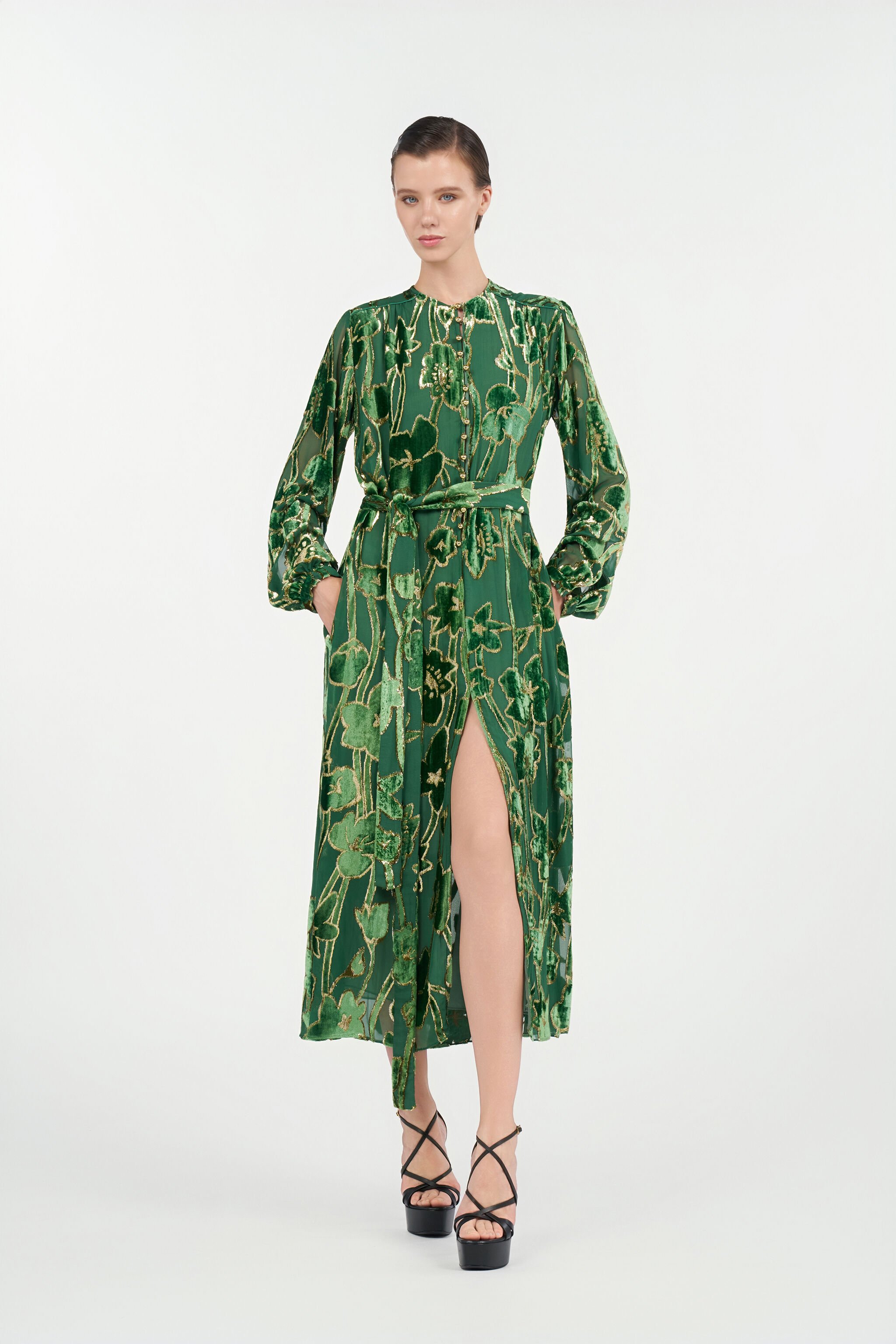 RC Green Velvet Devoré Midi Dress VERDE/ORO VKT122-FC007