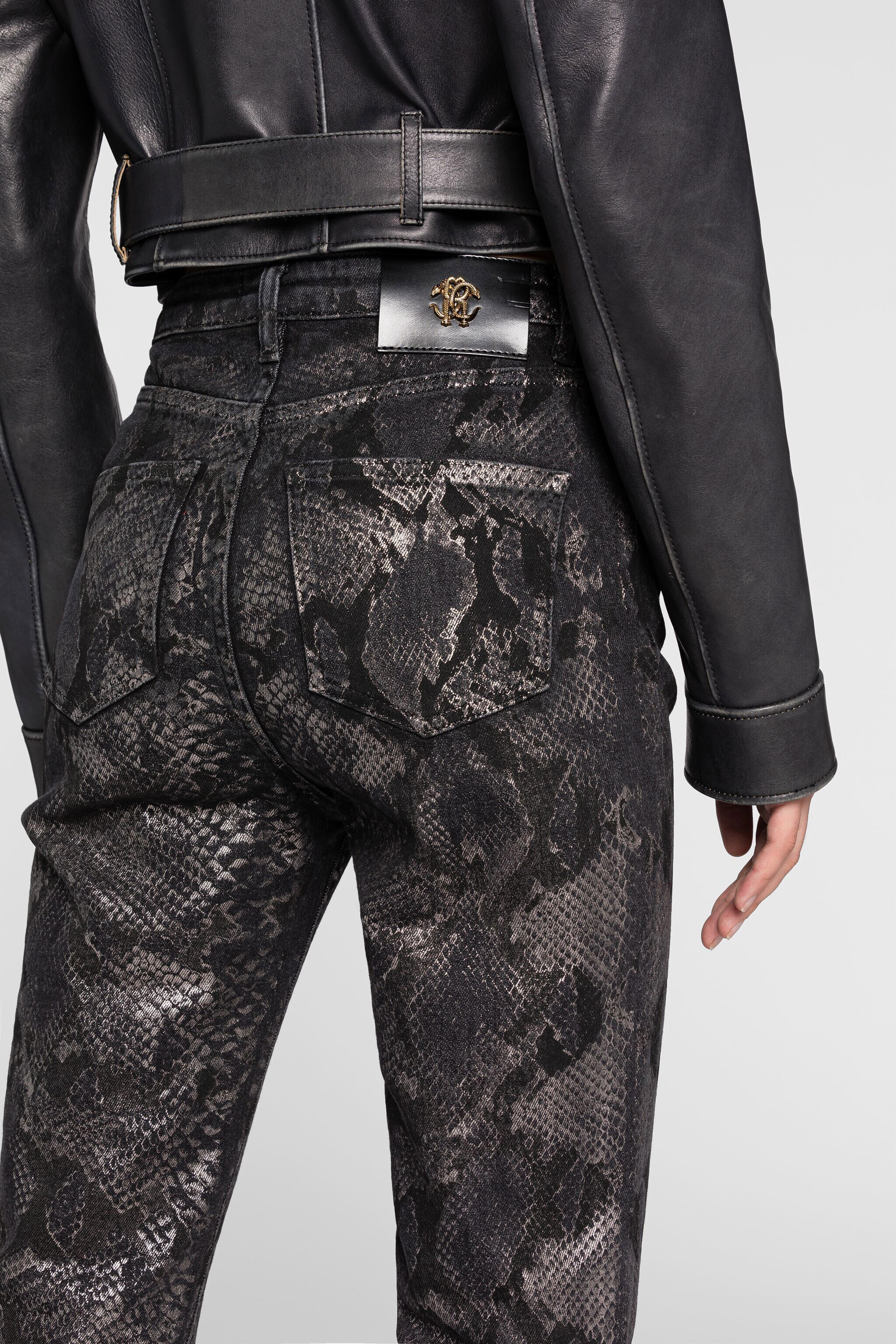 RC Metallic Python-Print Straight-Leg Jeans Black PKJ218-DE020