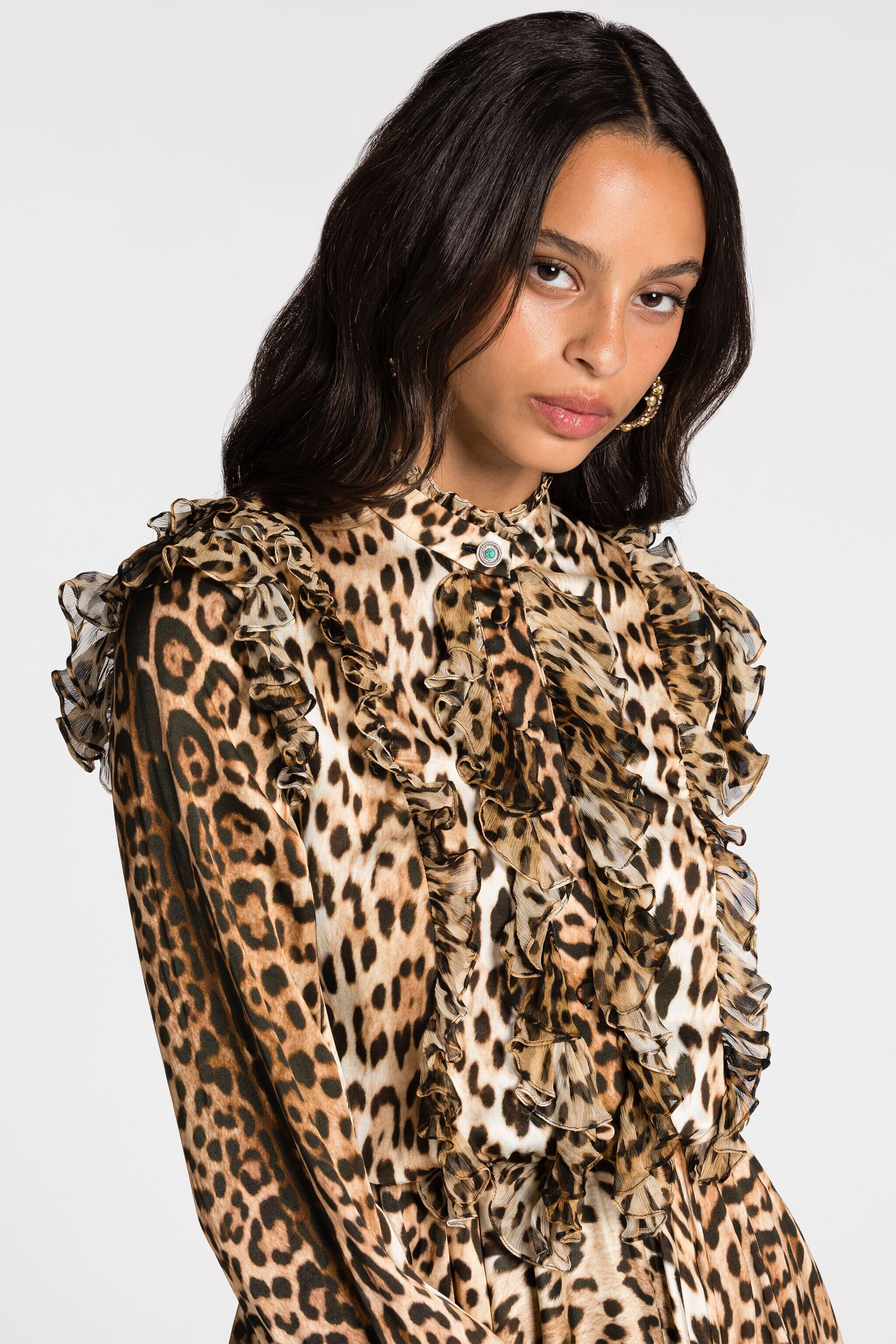 RC Ruffled-detail leopard-print dress Light Brown RKT107-SZH26