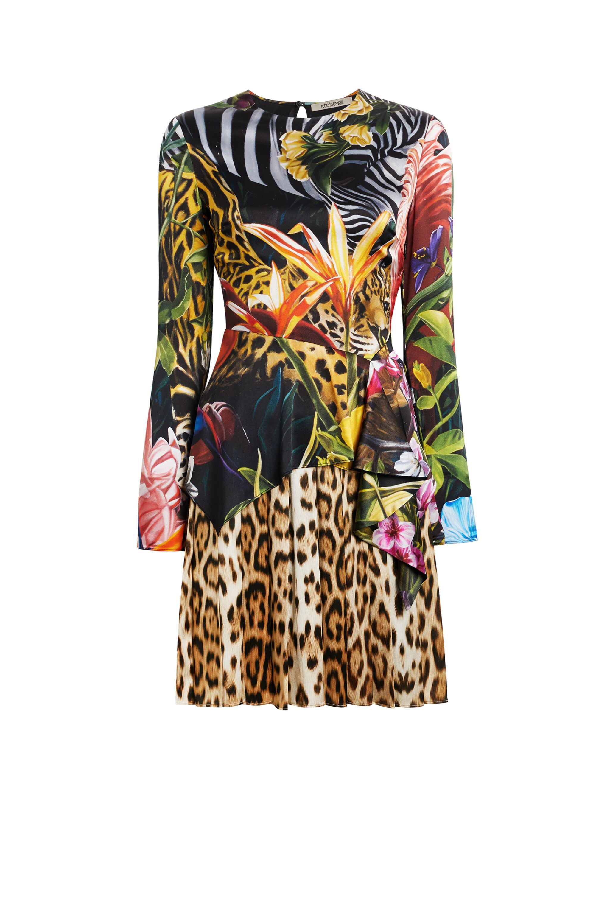 Paradise Found print satin dress en MULTICOLOR TAN de Mujer Roberto Cavalli