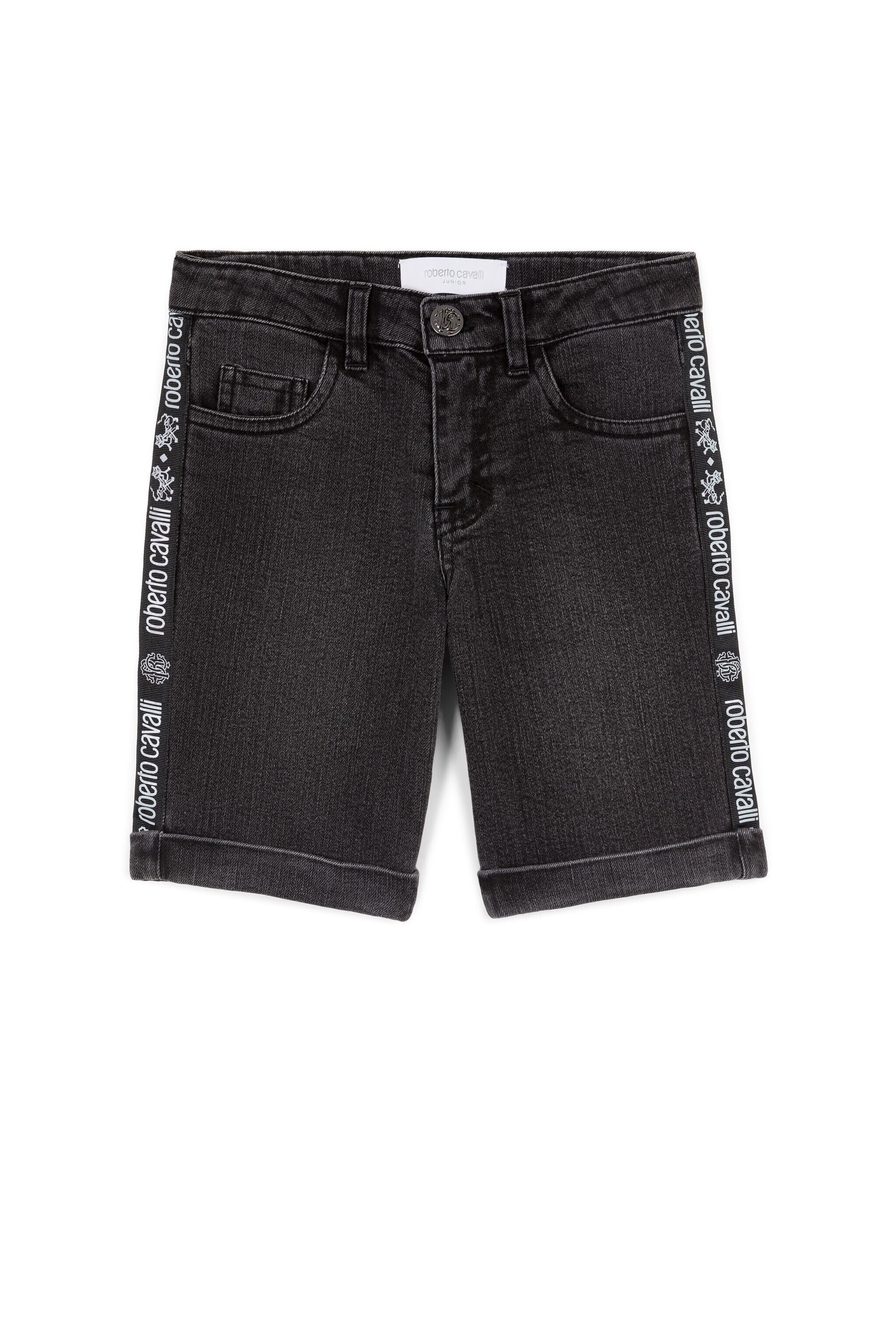 JU Logo-Stripe Denim Shorts Noir KJJ250-DS029