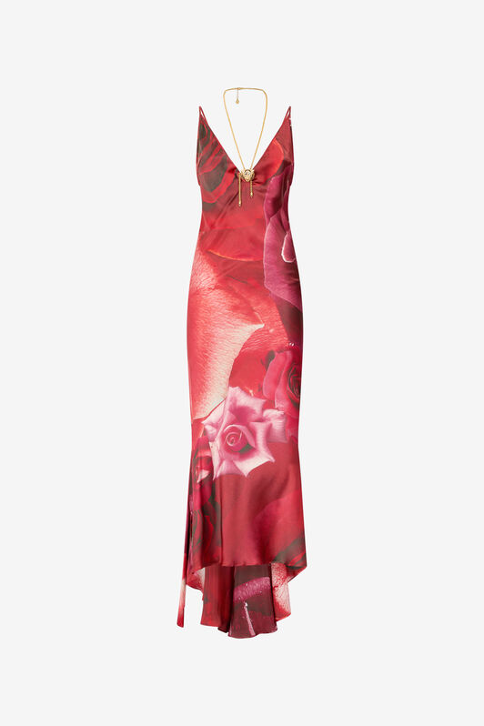 RC Long Dress With Rose Print And Bejeweled Tiger Red UKT128-RYN48
