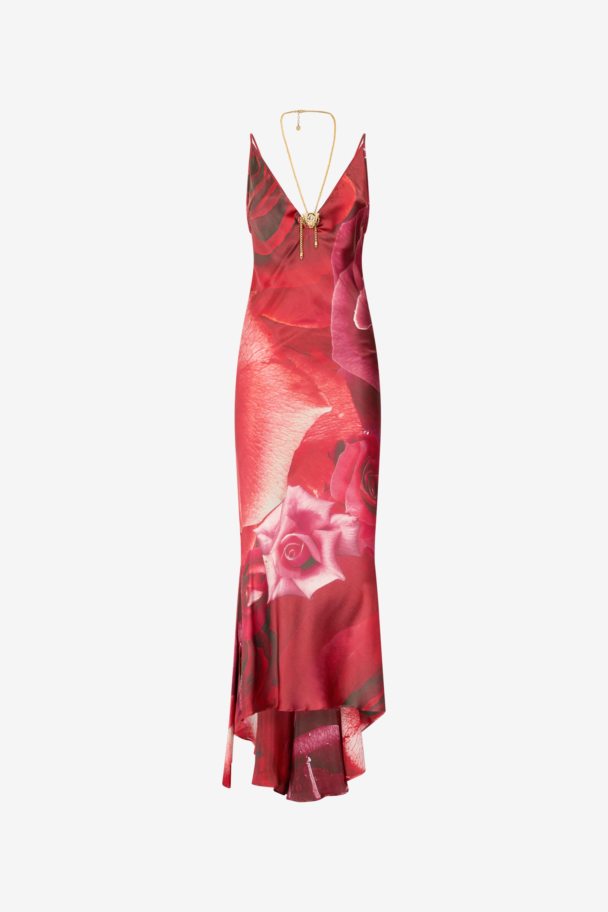 RC Long Dress With Rose Print And Bejeweled Tiger Red UKT128-RYN48