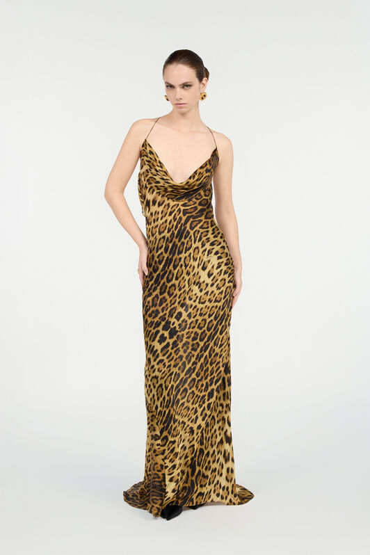 RC Long Silk Dress with Jaguar Skin Print Marron VWT103-HZQ71