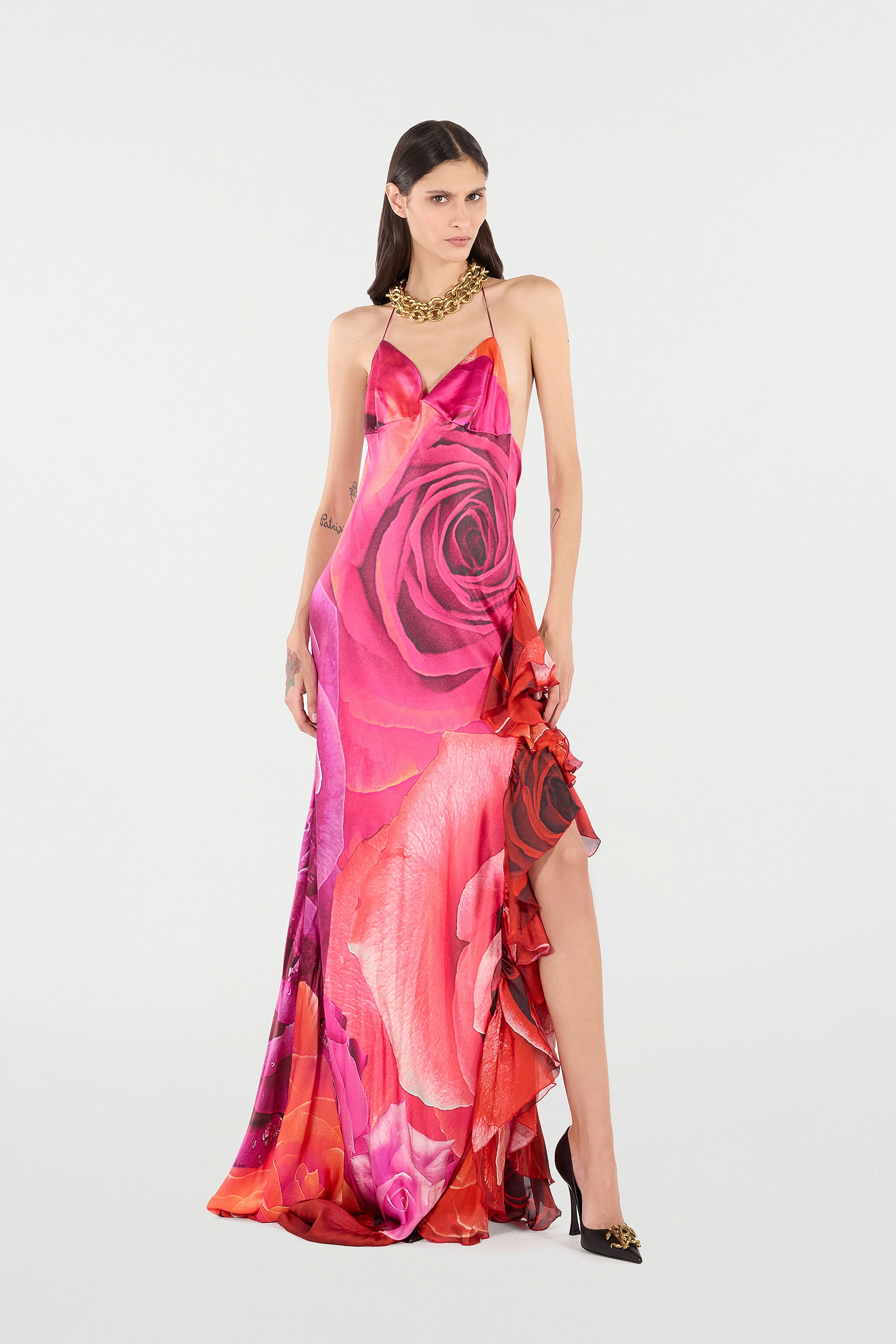 RC Dress With Rose Print And Flounces ROSA/ROSSO UKT107-RYN48
