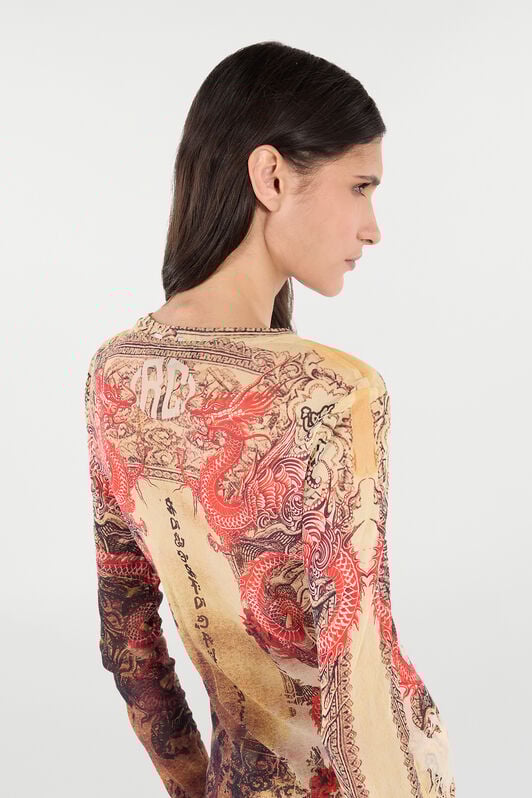 RC Long-Sleeve T-Shirt with Oriental Print NATURALE/ROSSO VQT60G-TLQ22