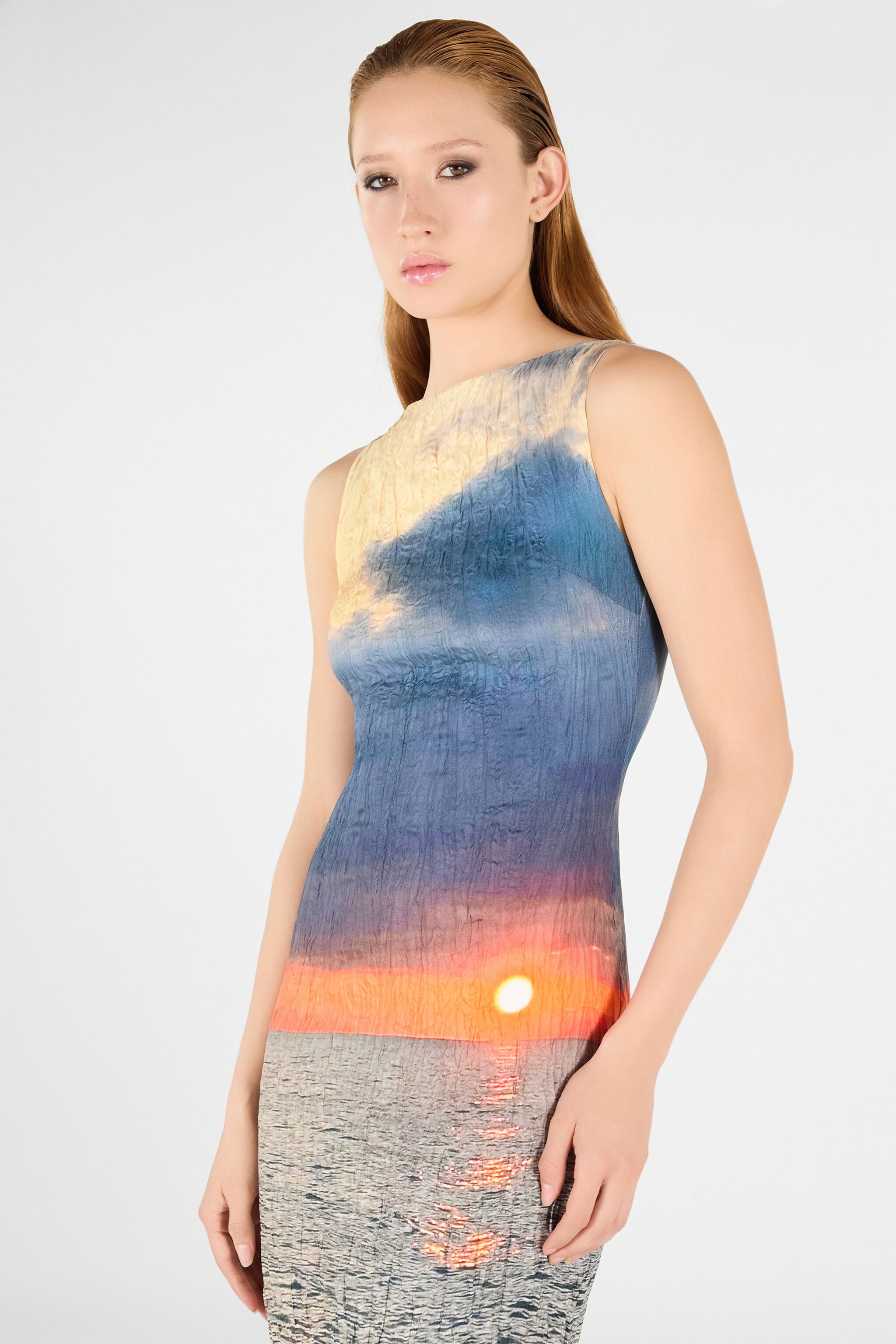 RC Langes Kleid mit Sunrise-Print Blau/Orange UWT109-4QN96