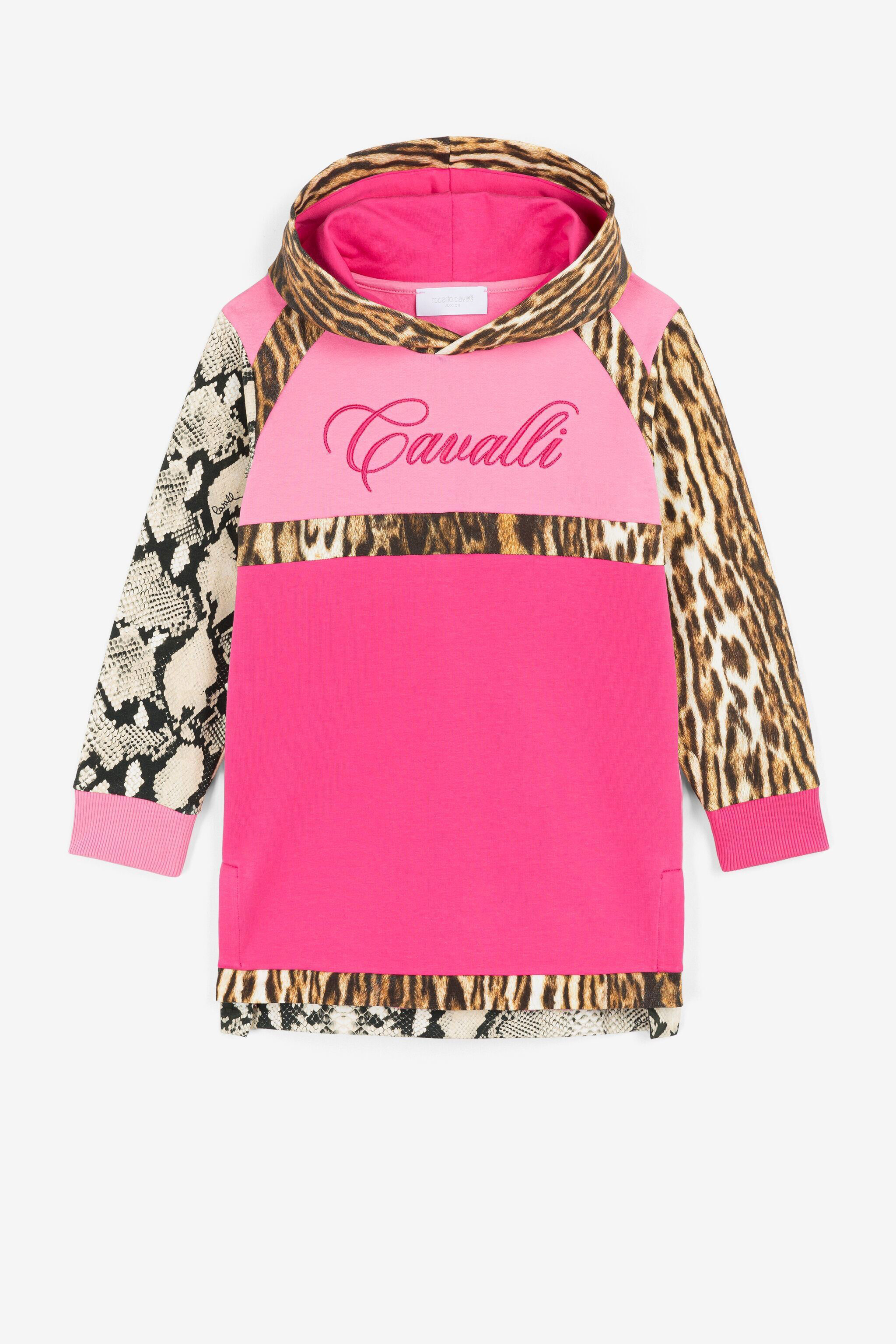 Patchwork Print Logo Embroidered Dress in Fuchsia for Girls Roberto Cavalli