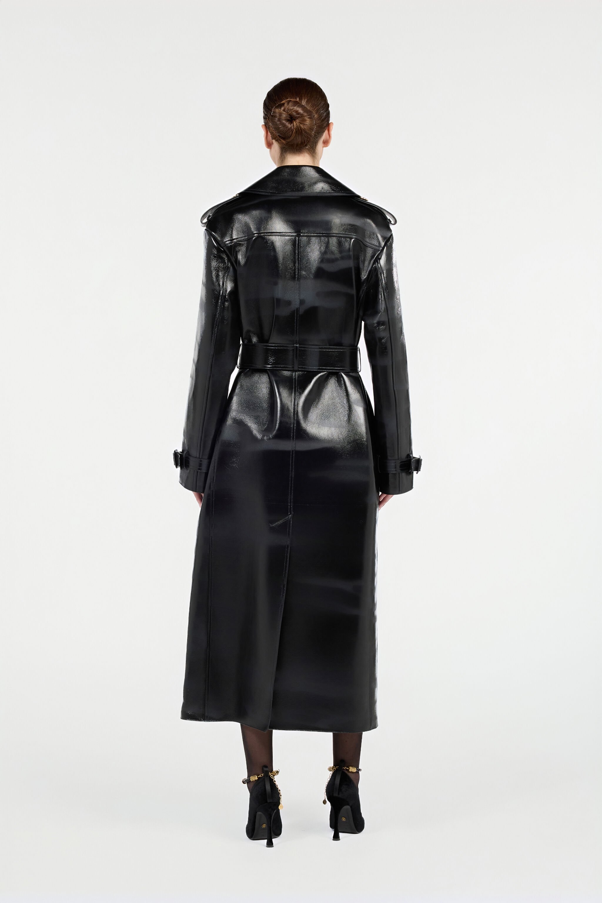 RC Black Genuine Leather Long Trench Coat Black VWP500-PN001