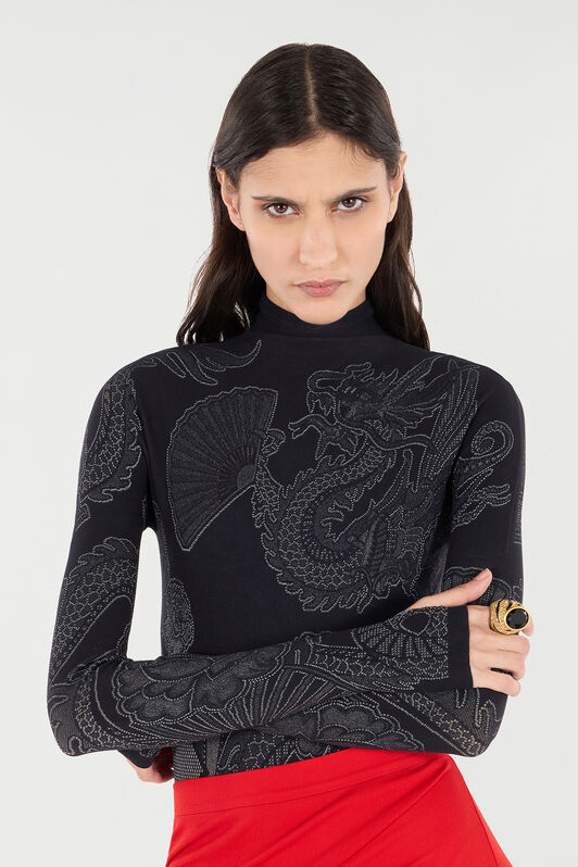 RC Bodysuit with Dragons, Flowers, and Fans Schwarz VKT60D-MA001