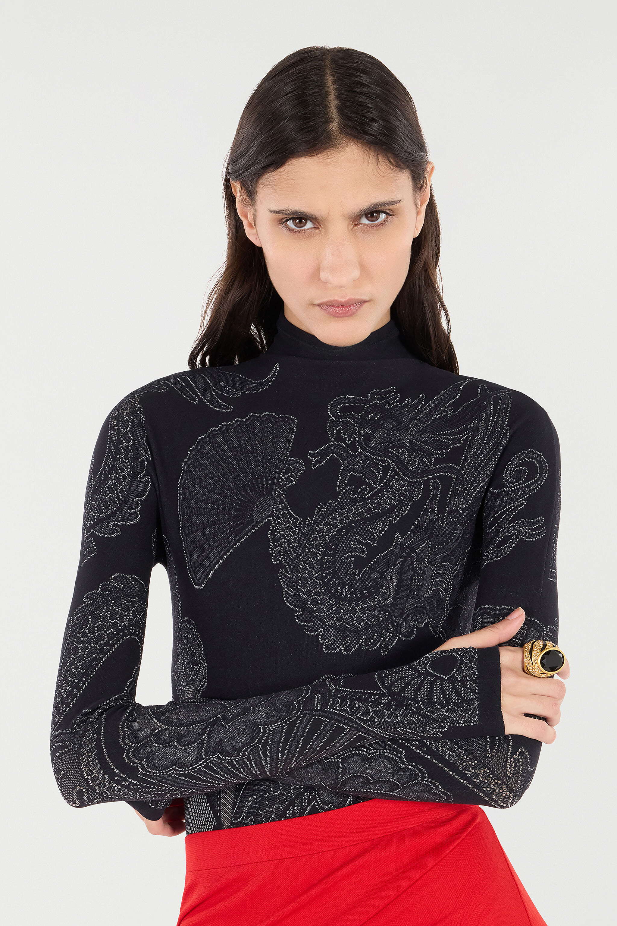 RC Bodysuit with Dragons, Flowers, and Fans Schwarz VKT60D-MA001