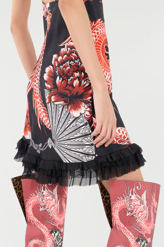 RC Silk Mini Dress with Dragon and Ruffles Black/Red VQT118-OZP75