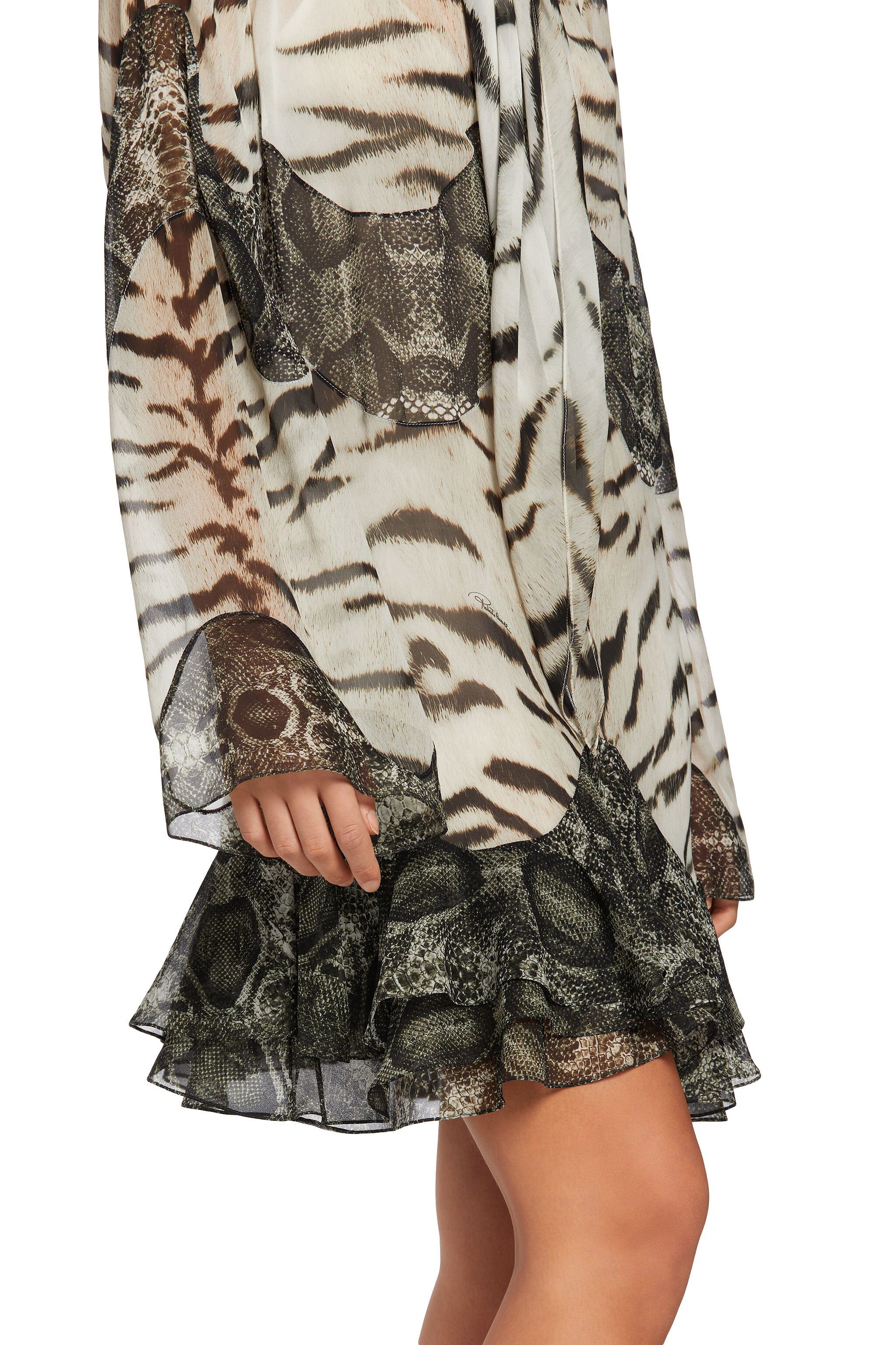 RC Mini-robe en soie à imprimé La Tigresse et Reptilia Noir/Blanc MQT135-GFA48