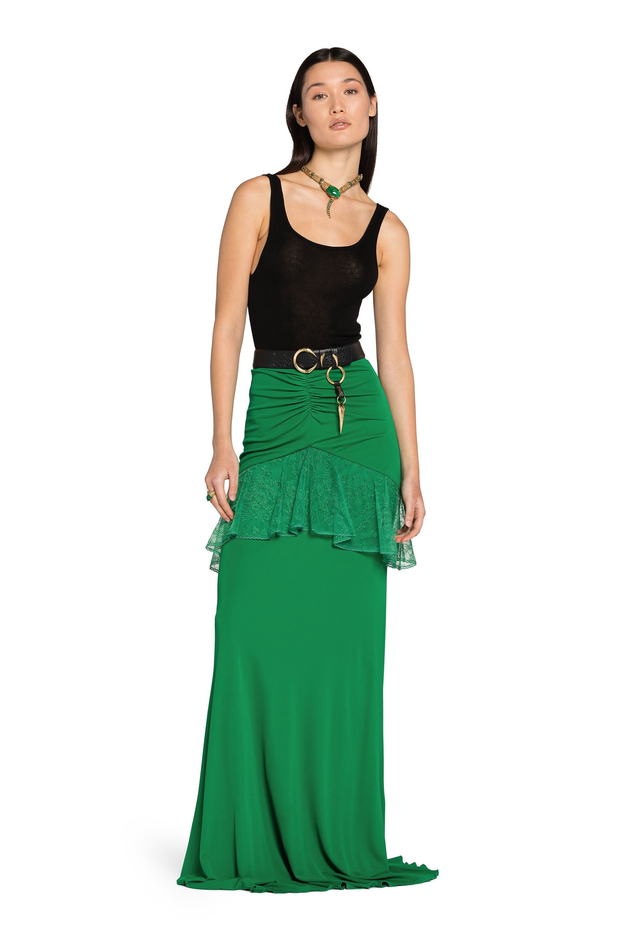 RC Lace-Trim Ruched Maxi Skirt Green EQT309-JT009
