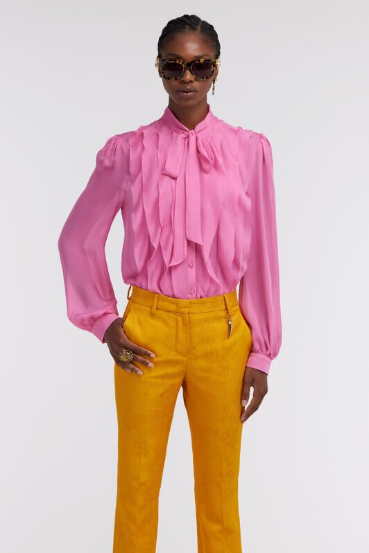 RC Pink Silk Shirt With Ruffles And Pussy Bow Fuchsia SKT706-CC001