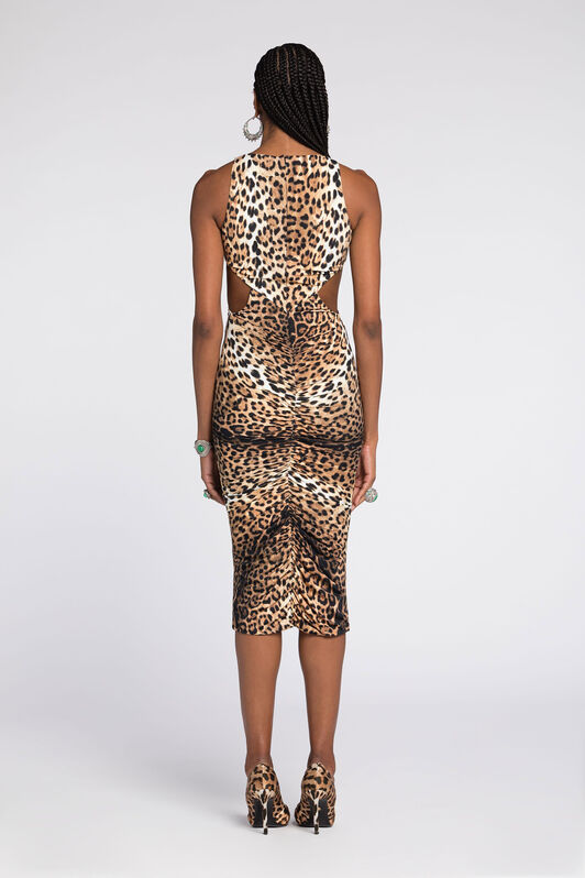 RC Jaguar-Print Cut-Out Dress Light Brown RKT128-LNH26