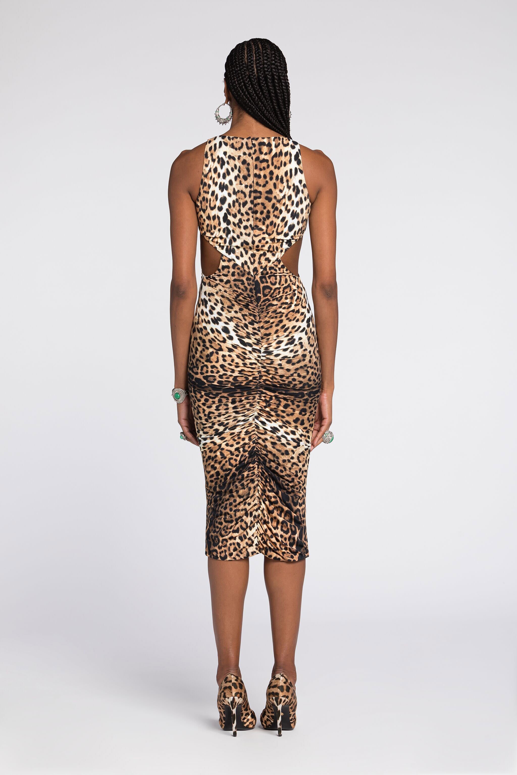 RC Jaguar-Print Cut-Out Dress Light Brown RKT128-LNH26