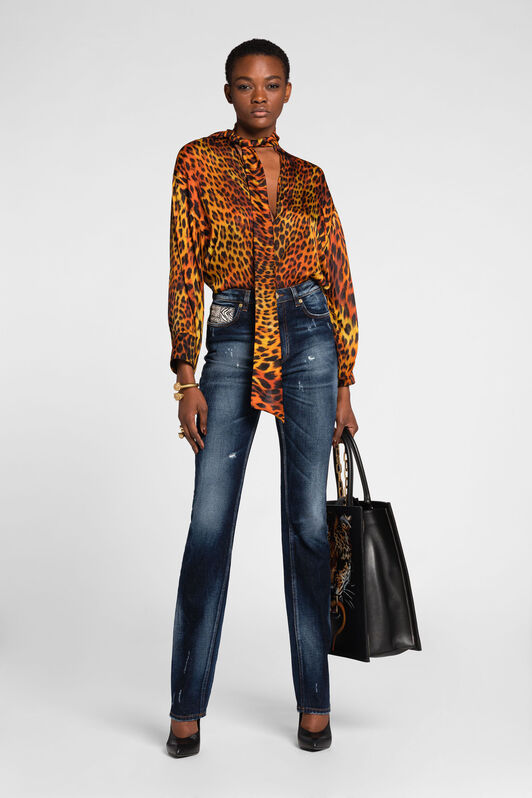 RC Animalier Patchwork-Print Appliqué Straight-Leg Jeans Dark blue OQJ218-DS004