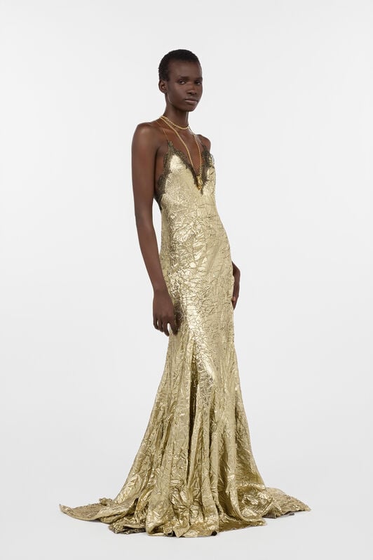 RC Abito Dorato Extralungo In Misto Seta Craquelé GOLD WWT162-GU002