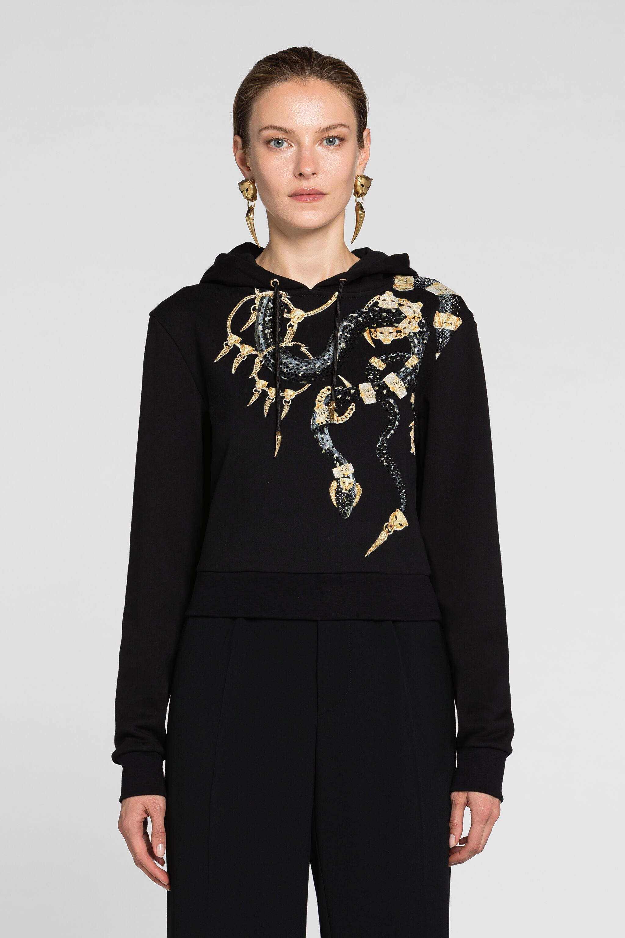 RC Snake And Logo-Print Cotton Hoodie Black PKT68B-CF050