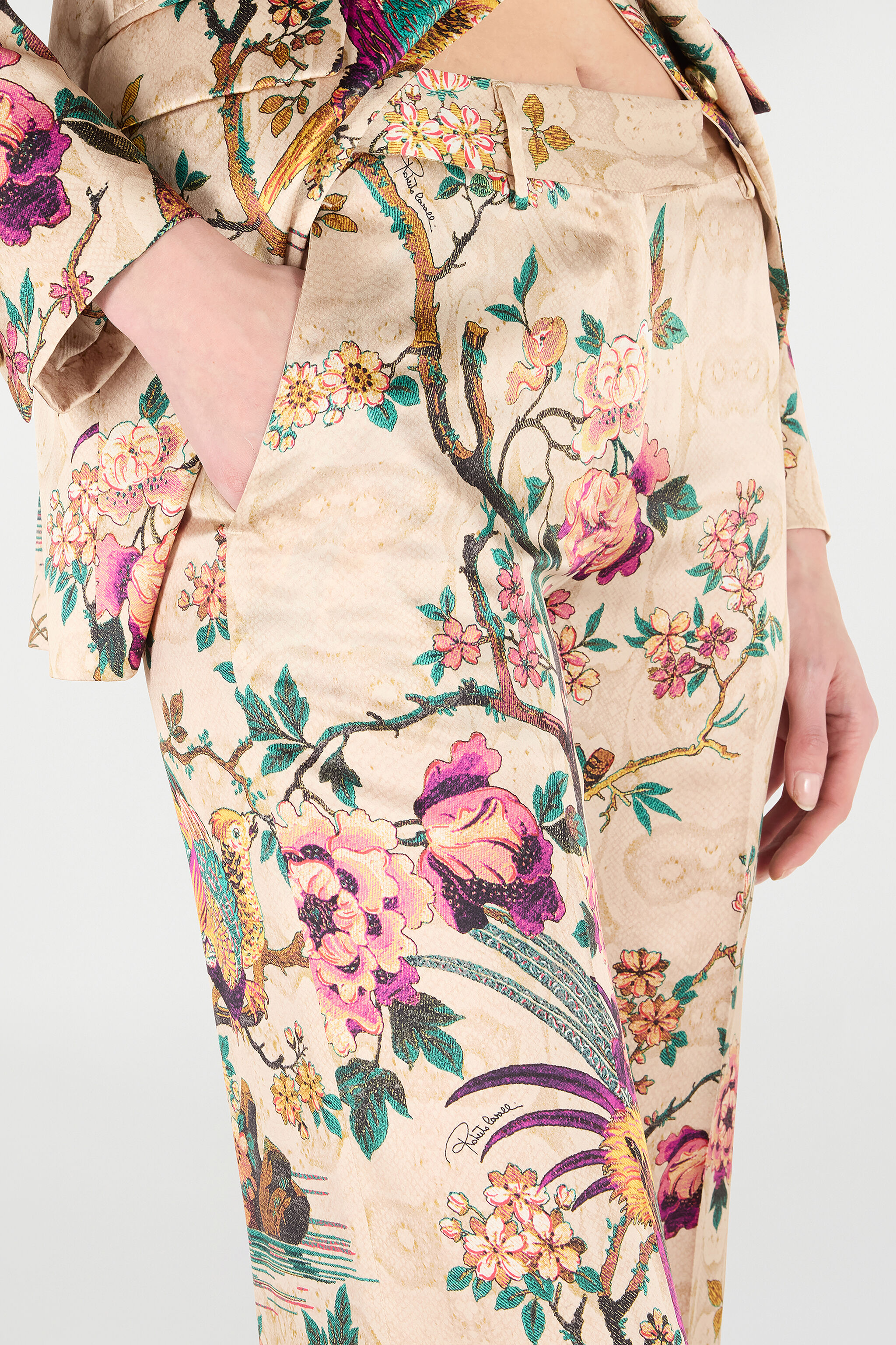 RC Palazzo Pants with Floral and Pheasant Print Ivory/Pink VKT201-TYP76