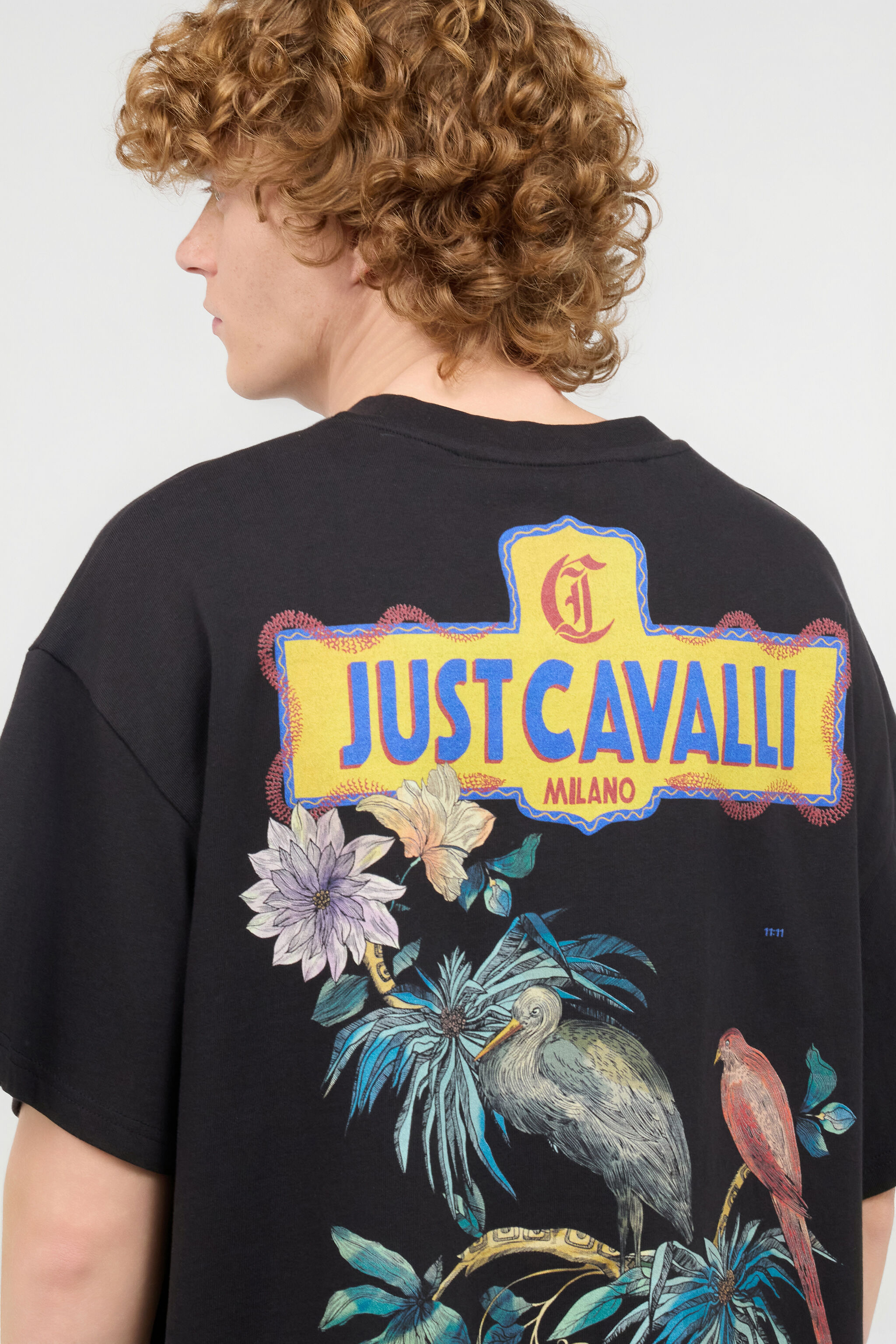 JC T-Shirt With Floral And Tropical Bird Print Black UFT056-UF076