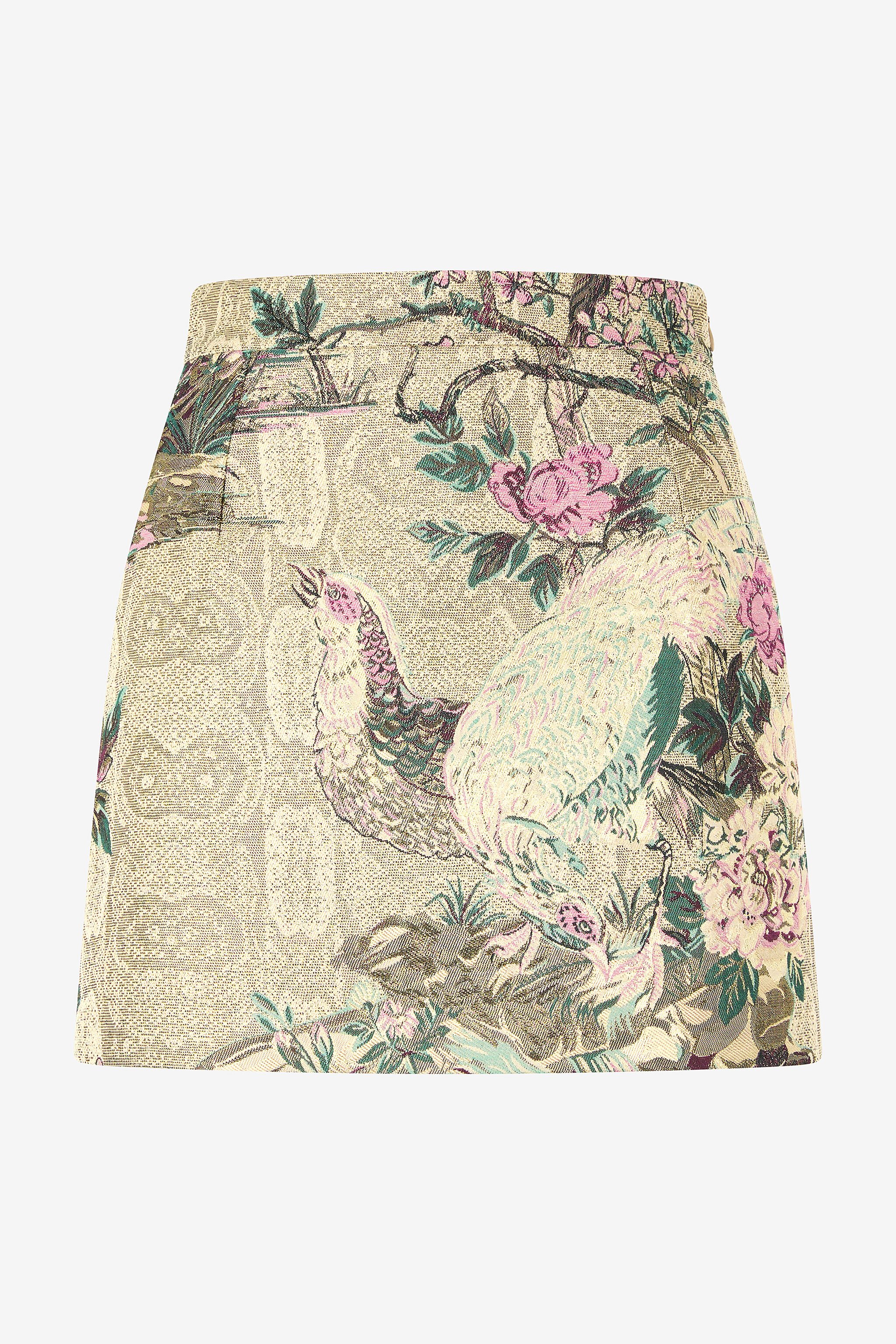 RC Mini Skirt with Floral and Pheasant Motif Ivory/Pink VKT308-DJ084
