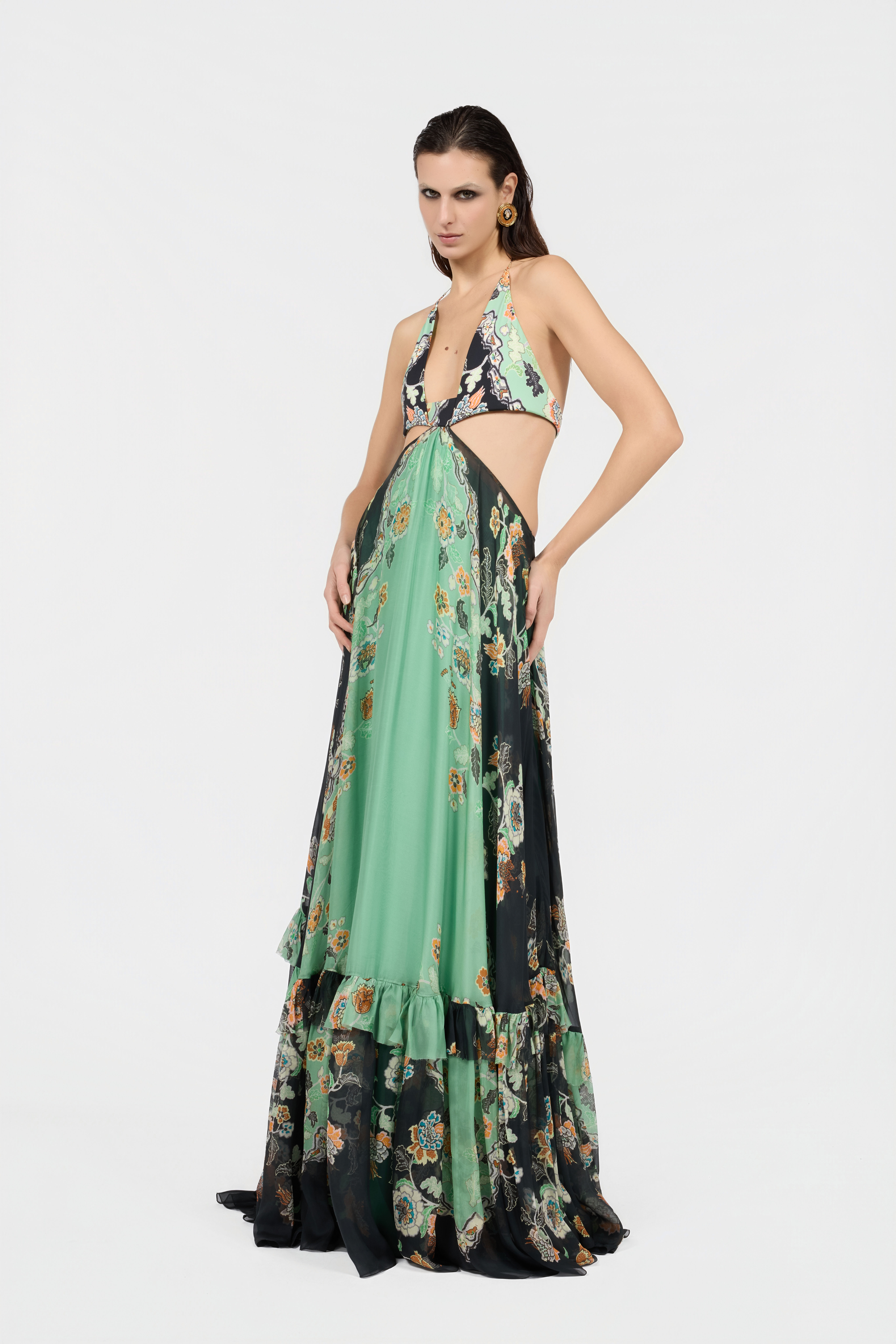 RC Kimono Print Silk Maxi Dress GREEN/BLACK XQT127-CKT25