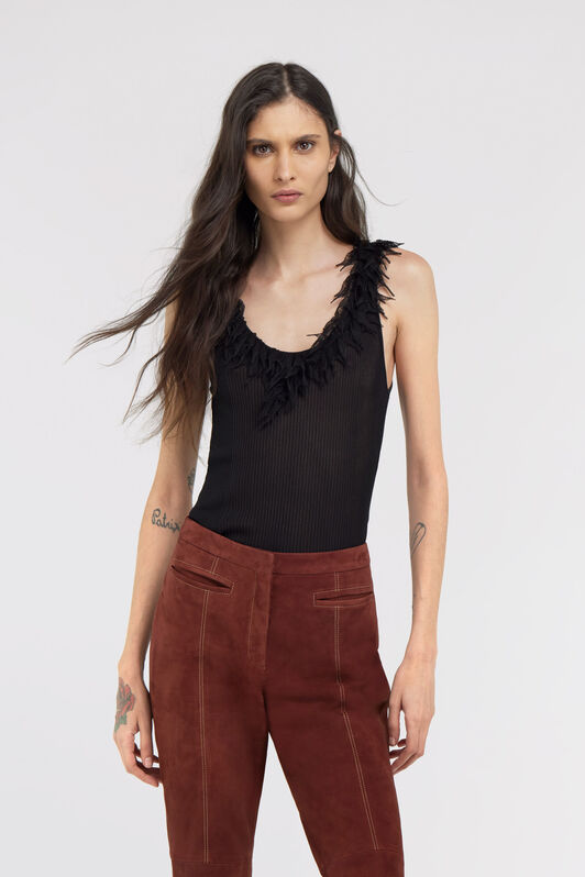 RC Black Ribbed Knit Top With Frayed Trim Black SWM601-MI001