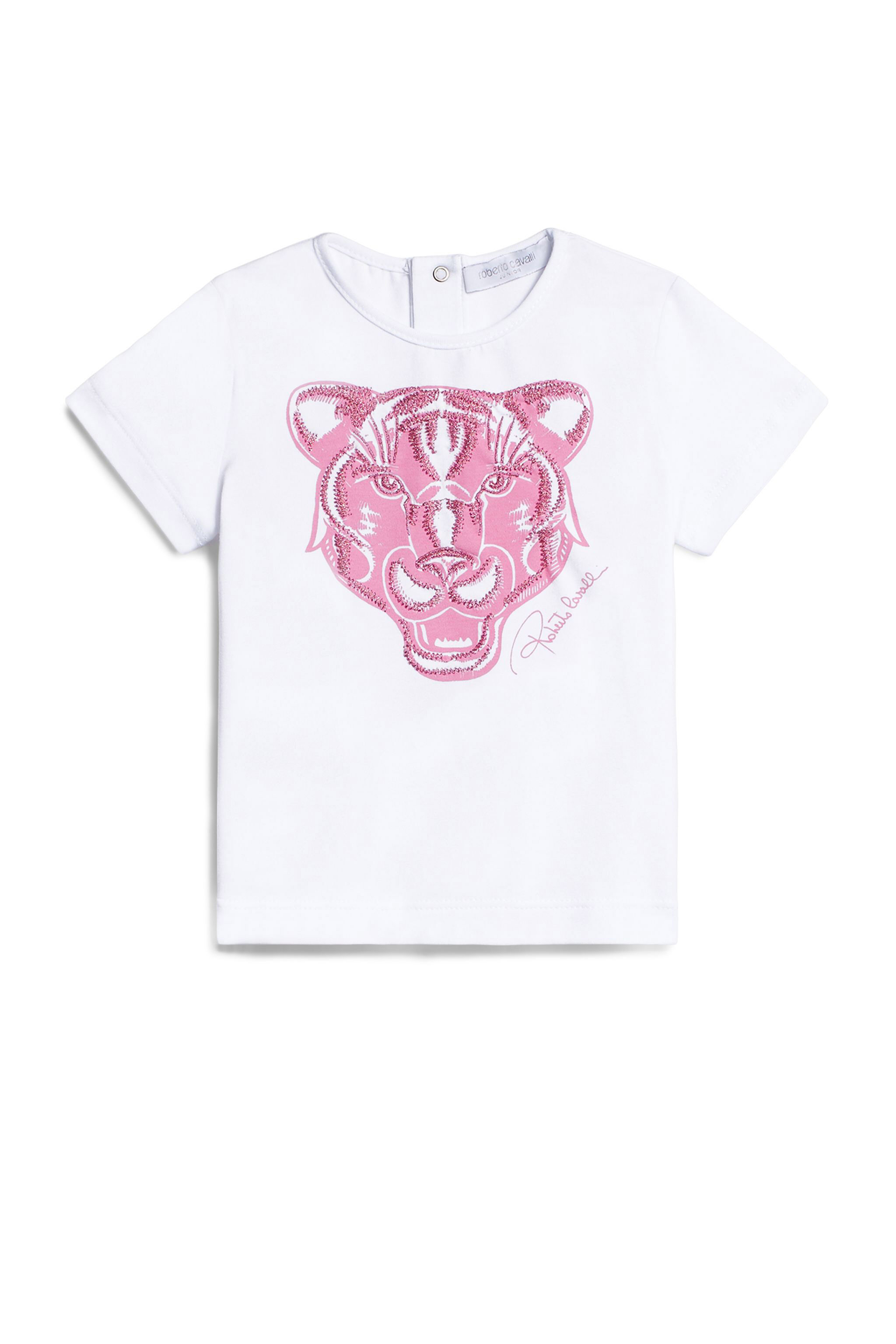 JU White embroidered Panther T-shirt WHITE/AURORA PINK IJT633-JV025