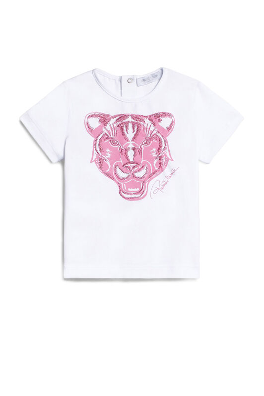 JU White embroidered Panther T-shirt JU White embroidered Panther T-shirt WHITE/AURORA PINK IJT633-JV025