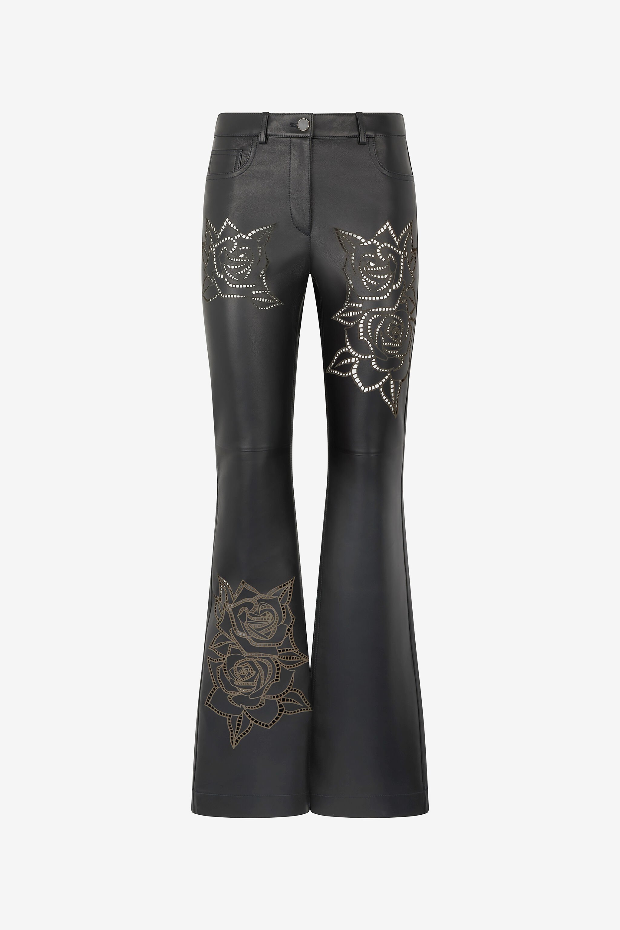 RC Pantaloni In Pelle Con Rose Traforate Nero UKP200-PN106