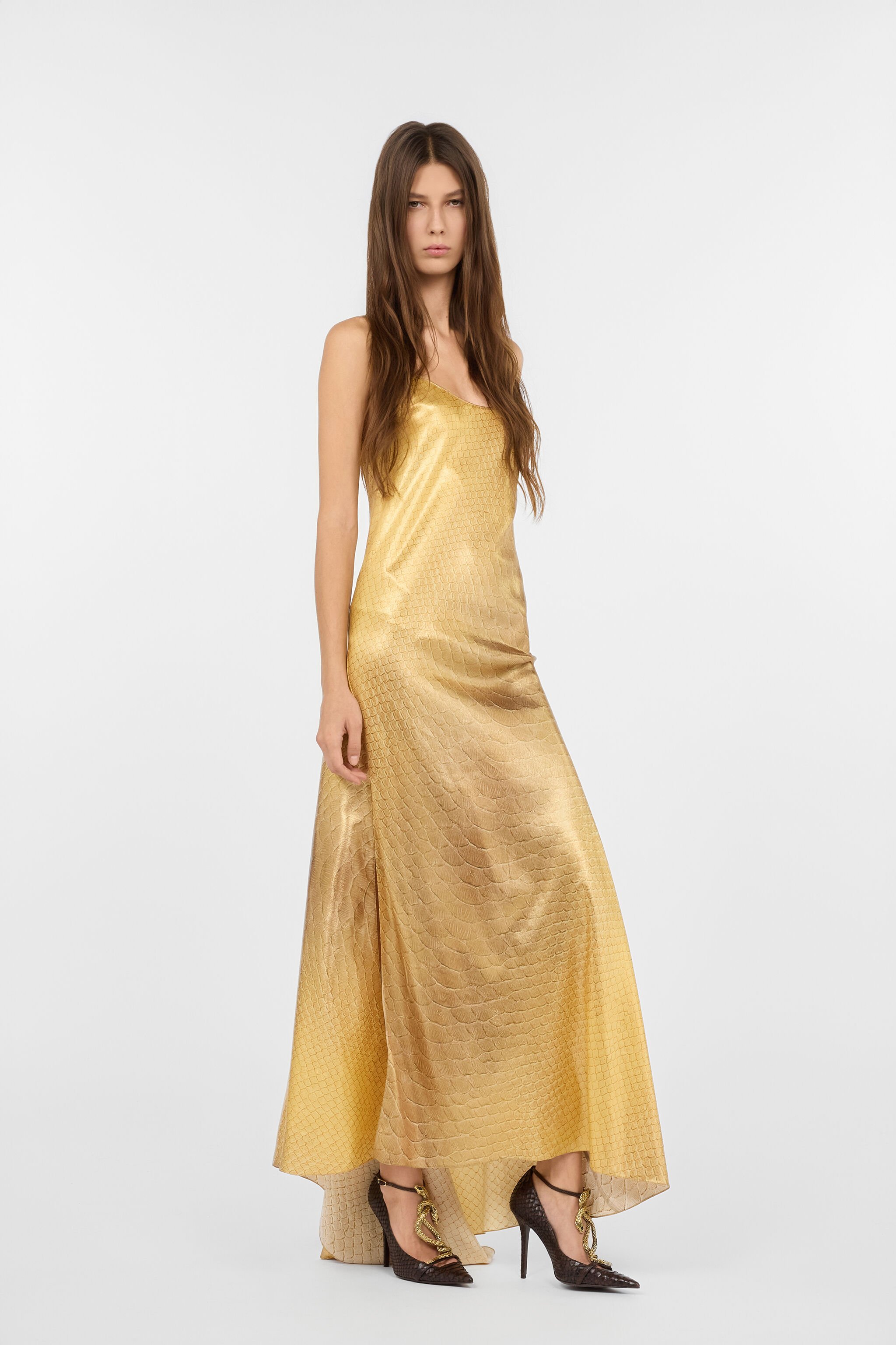 RC Abito Lungo Dorato In Seta Con Stampa Squame GOLD/GOLD WWT125-SNS31