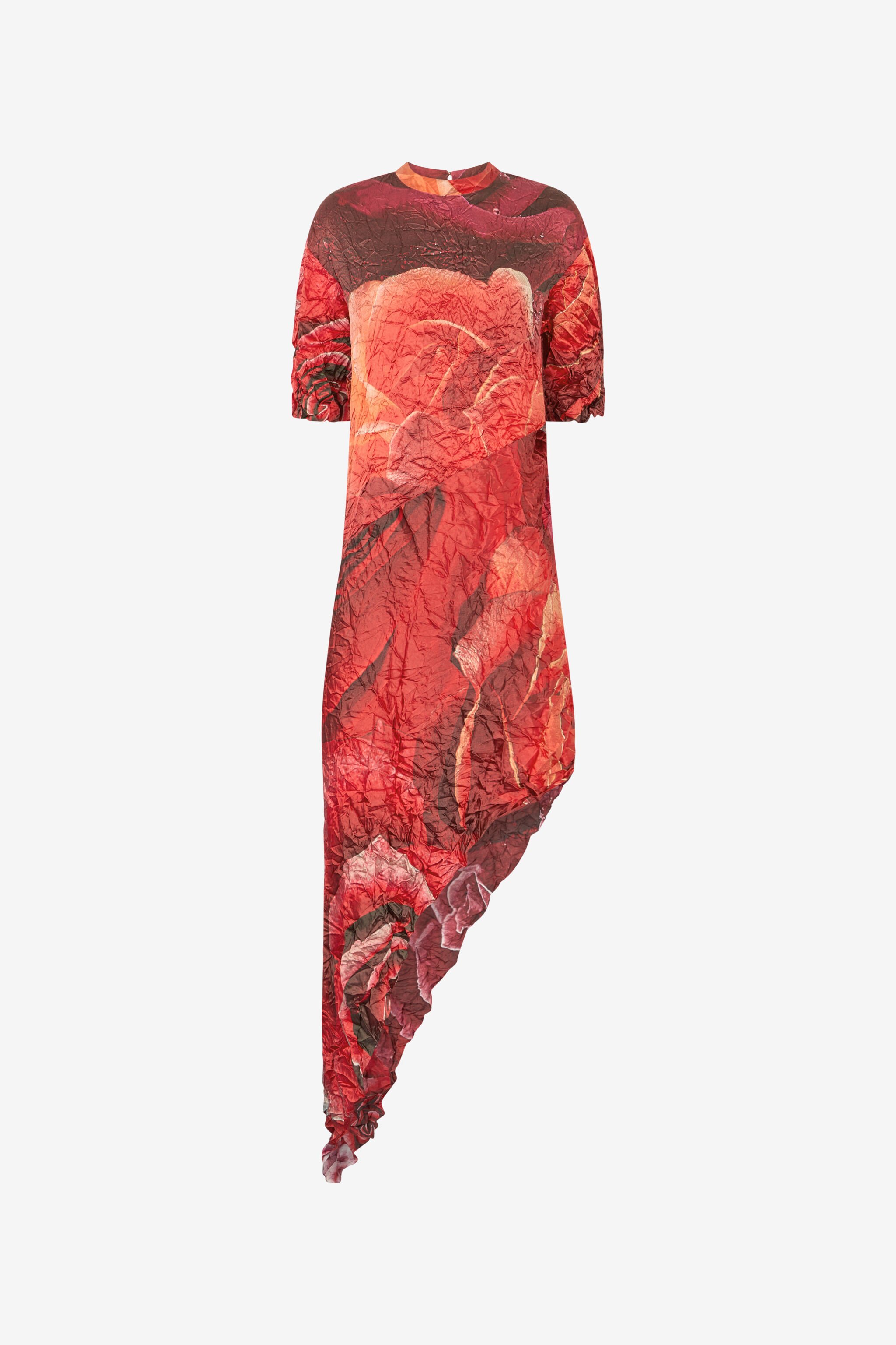 RC Abito Asimmetrico Increspato Stampa Rose Rosso UKT111-RYN48
