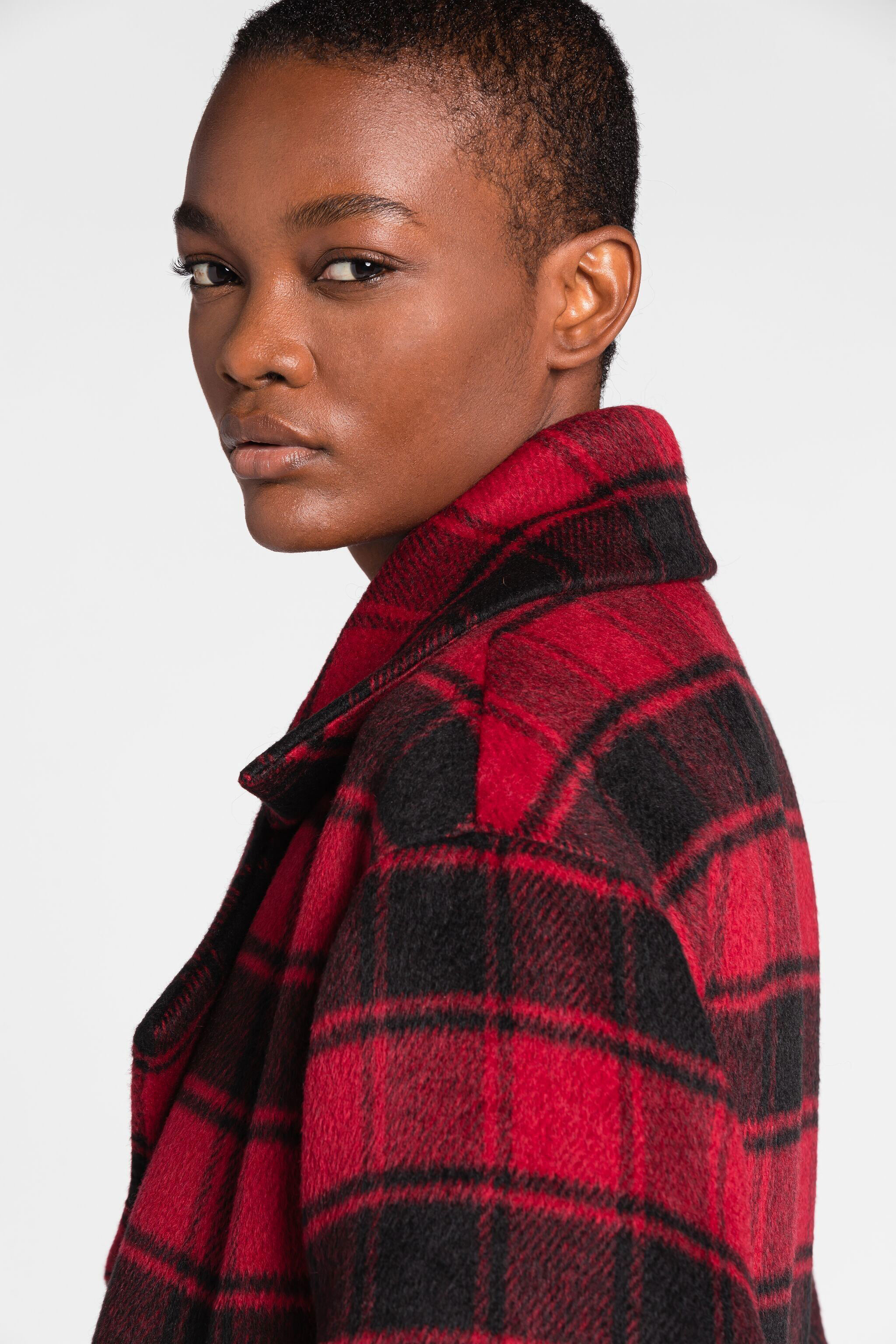 RC Shearling-Trimmed Tartan Coat Red PKT502-FE017
