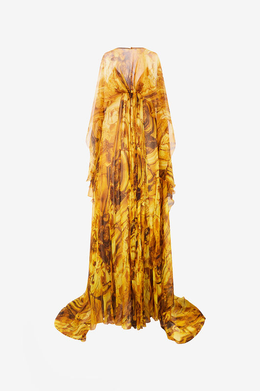 RC Caftan Dress in Silk with Amber Print Yellow VKT140-CKP74
