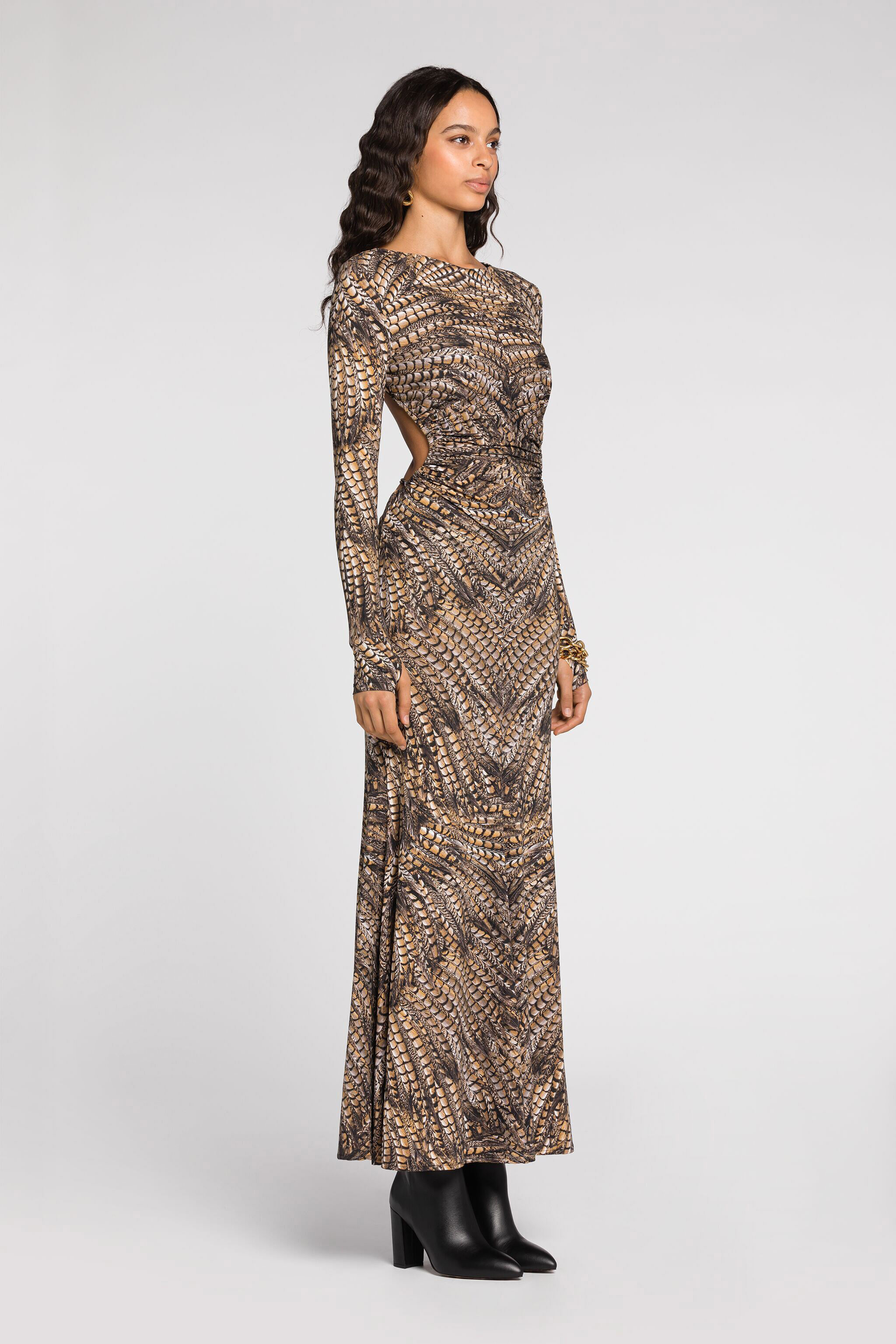 RC Robe longue à imprimé plumes Marron clair QKT102-LNF52