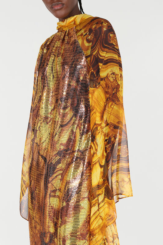 RC Silk Caftan Dress with Amber Print and Sequins Yellow VKT145-VXP74