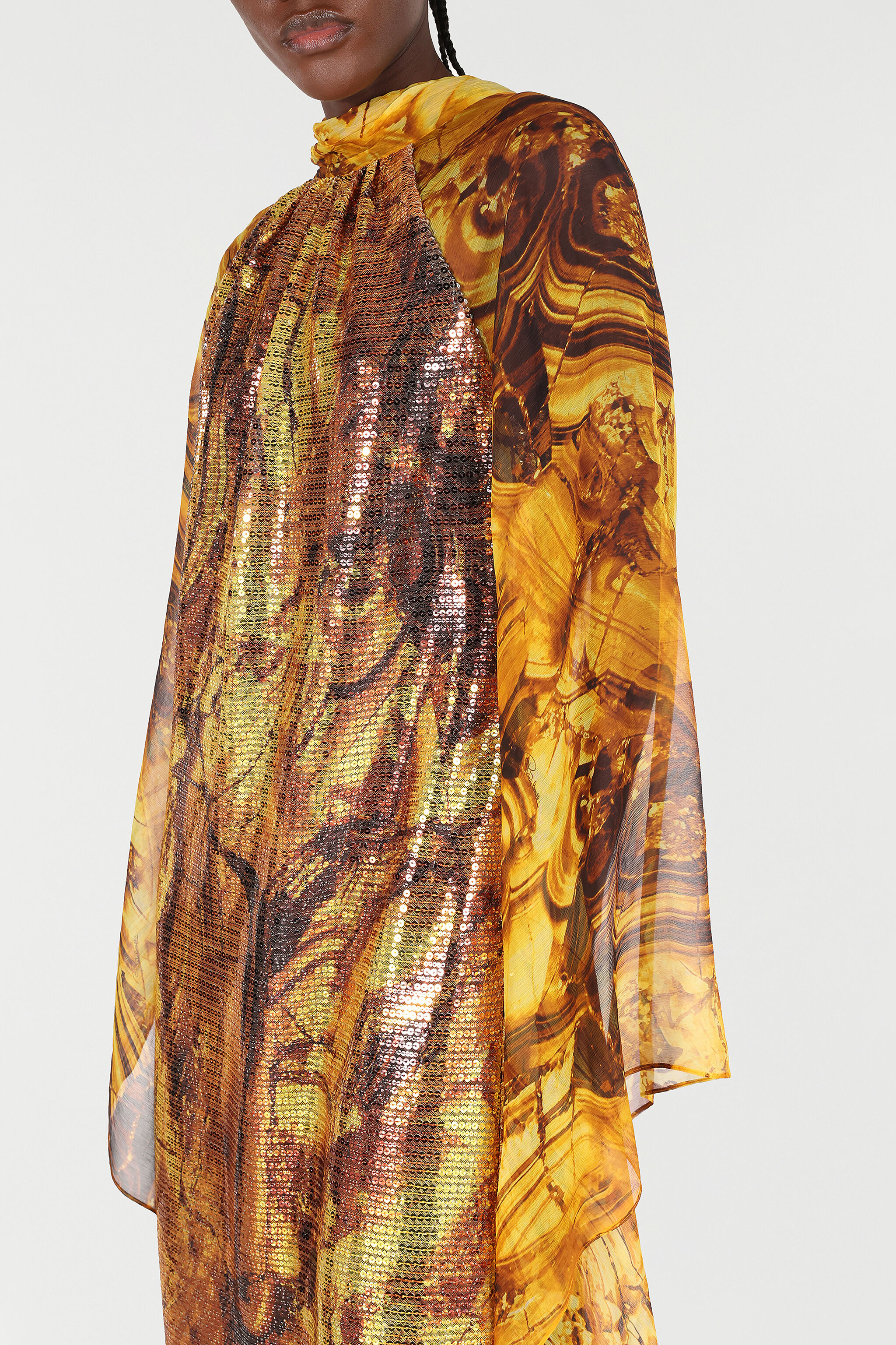 RC Silk Caftan Dress with Amber Print and Sequins Yellow VKT145-VXP74