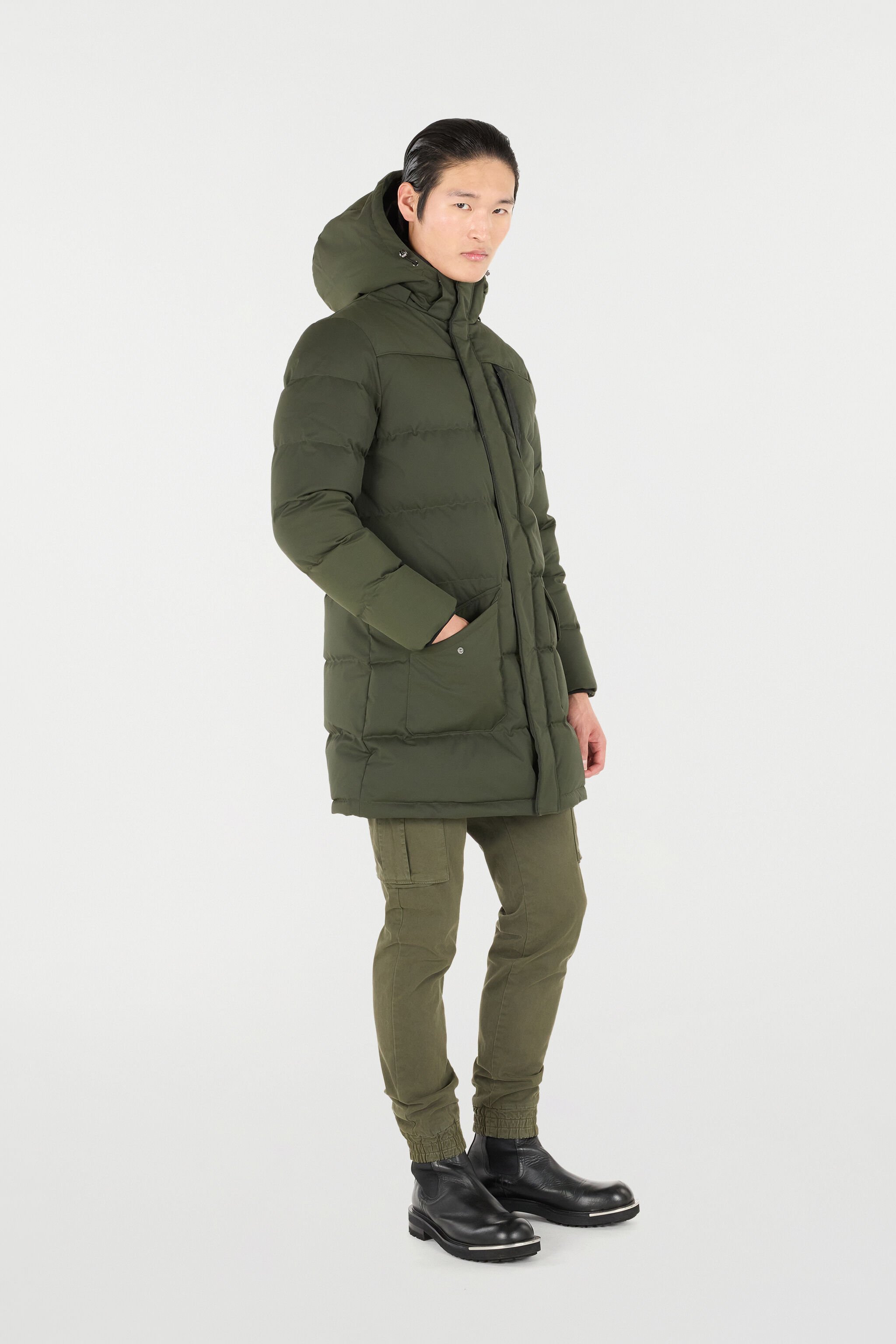 RC Long Quilted Down Jacket with Hood MILITARY GREEN OOT40G-DJ001